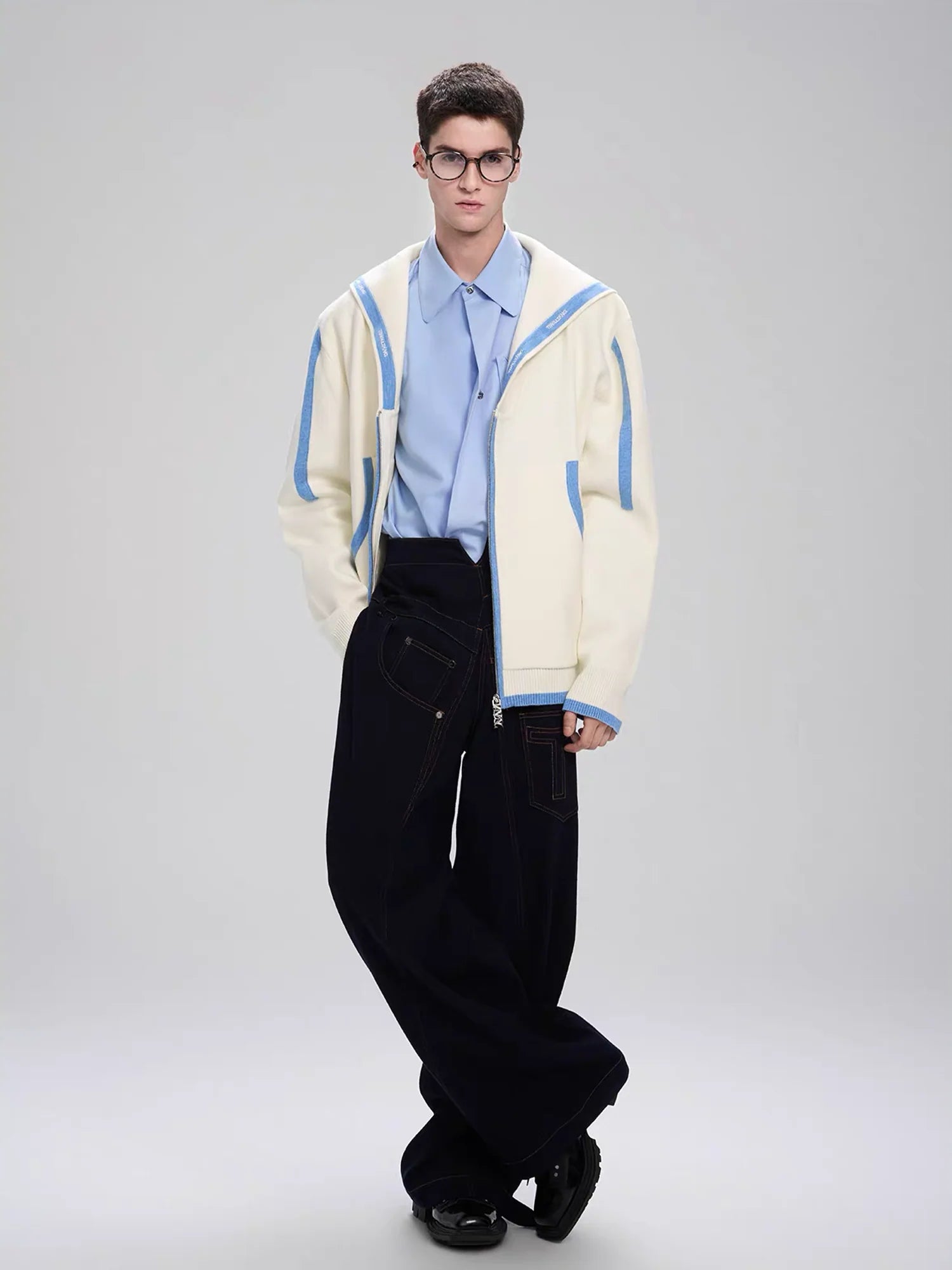 TIWILLTANG Contrast-Trim Sailor-Collar Jacket