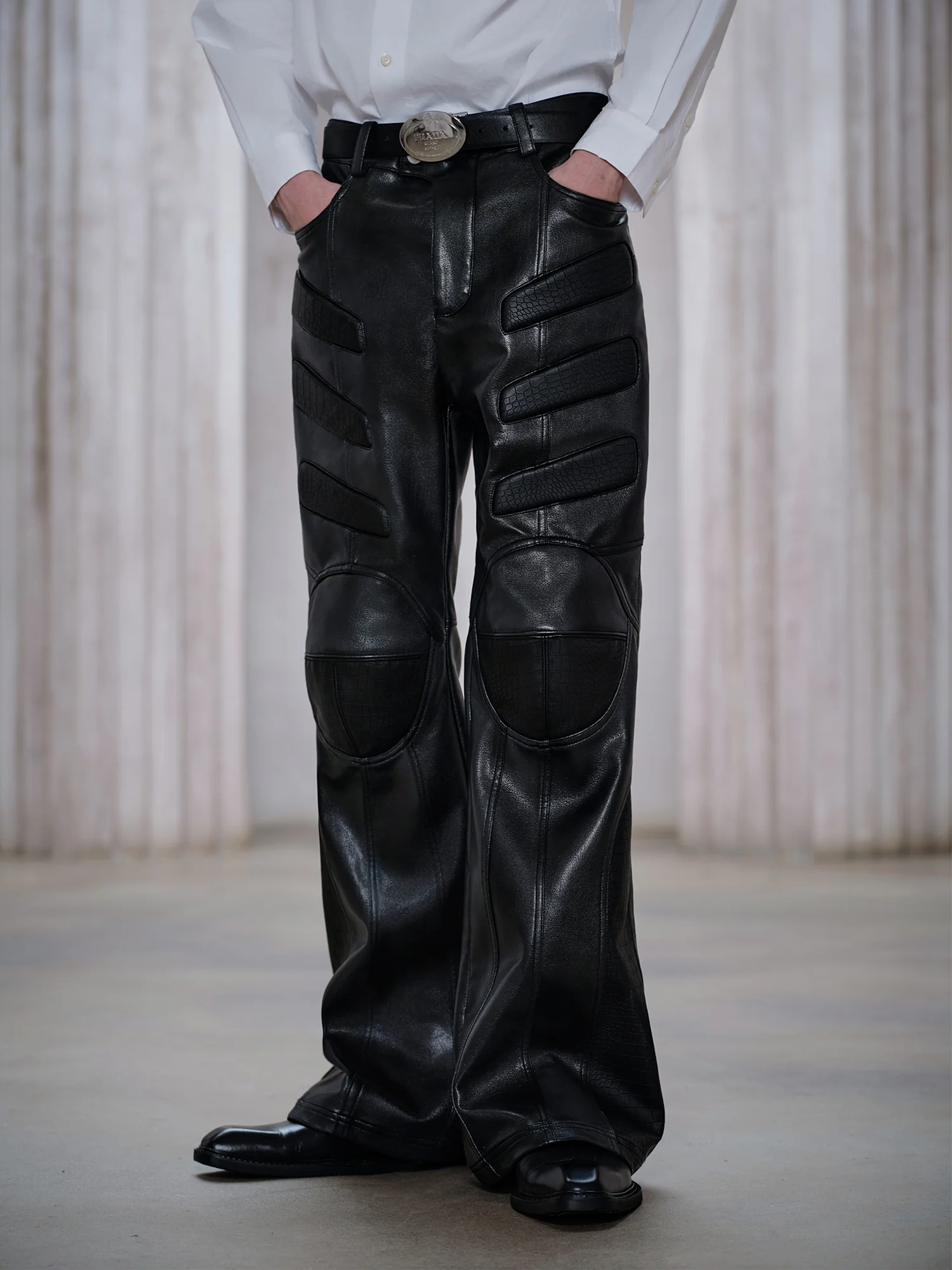FACEONLAB Panel Armored Faux Leather Biker Pants Black