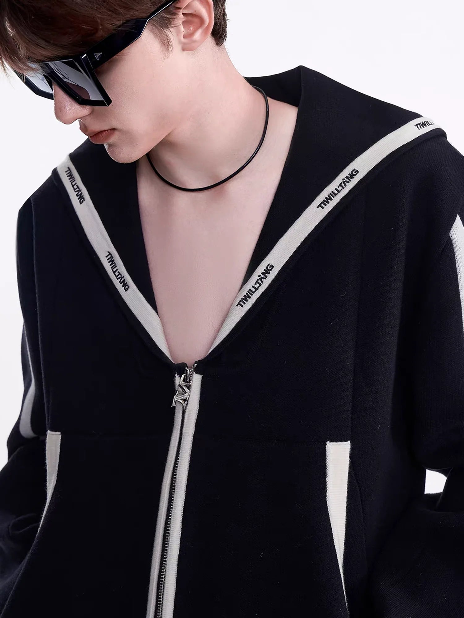 TIWILLTANG Contrast-Trim Sailor-Collar Jacket