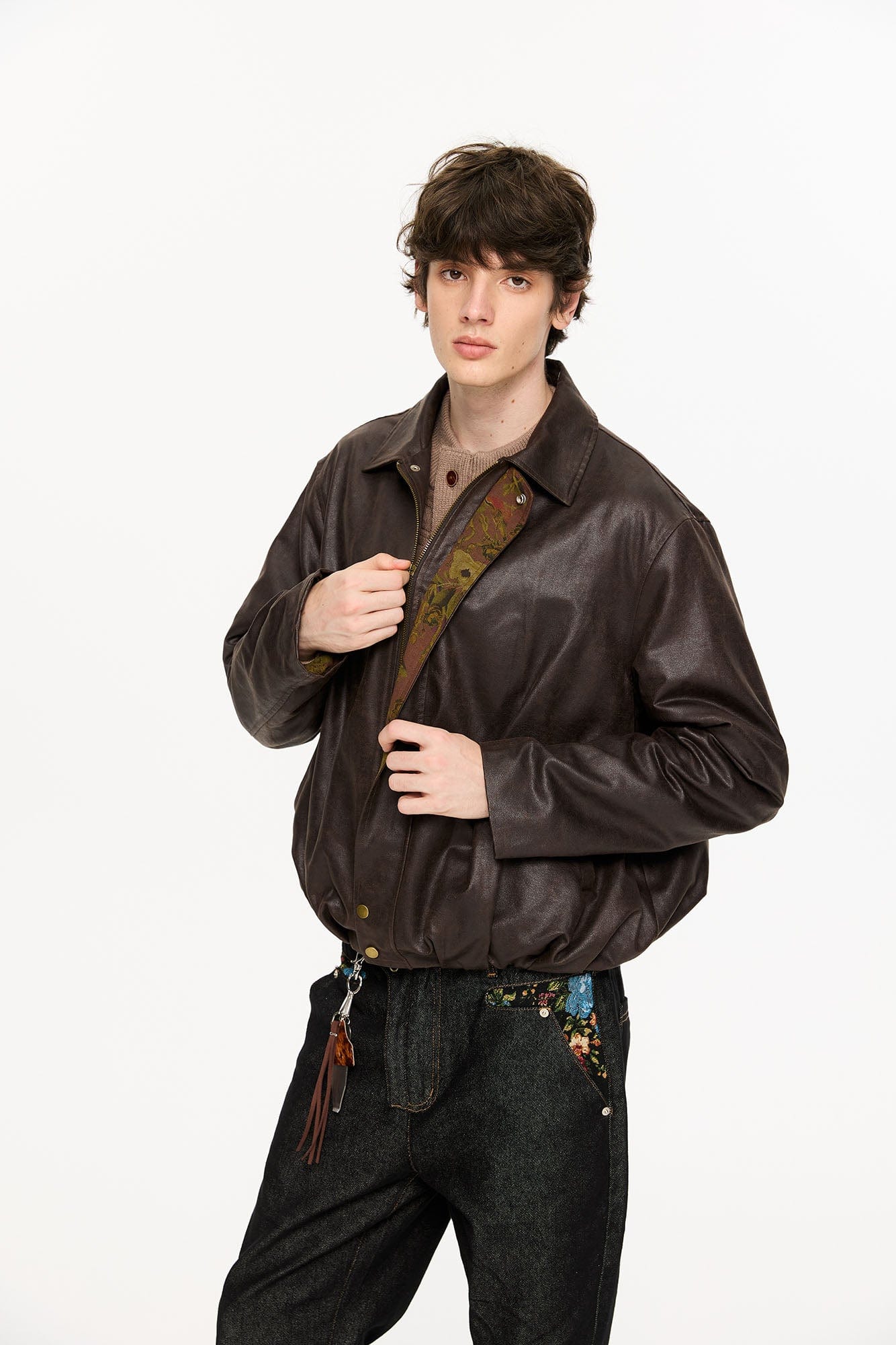 KREATE Floral-Lined Suede Bomber Jacket
