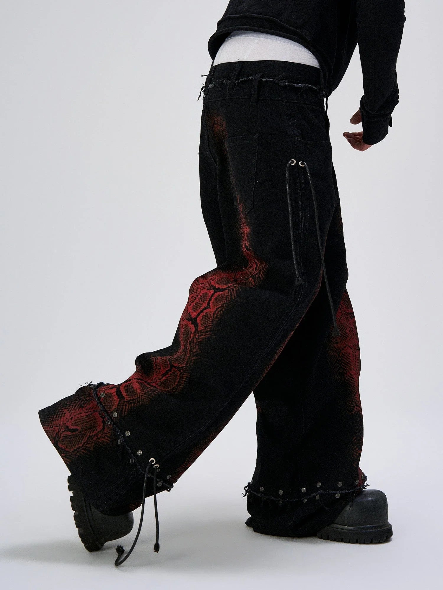 FLYERRER Washed Contrast Snakeskin Drawcord Wide-Leg Jeans