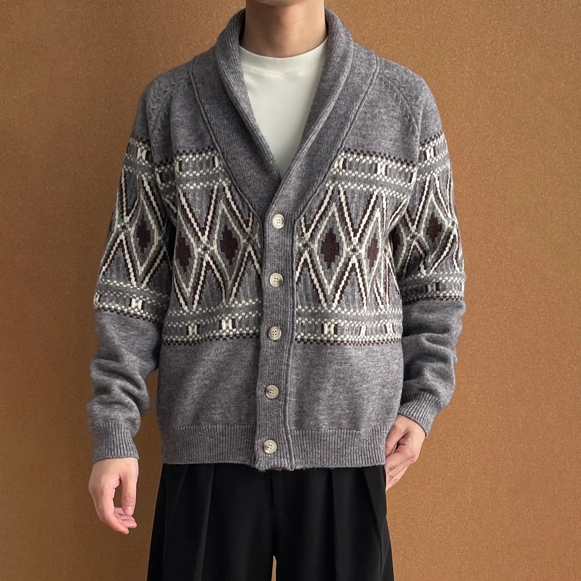 OKAYTHXBYE Fair Isle Shawl Collar Cardigan