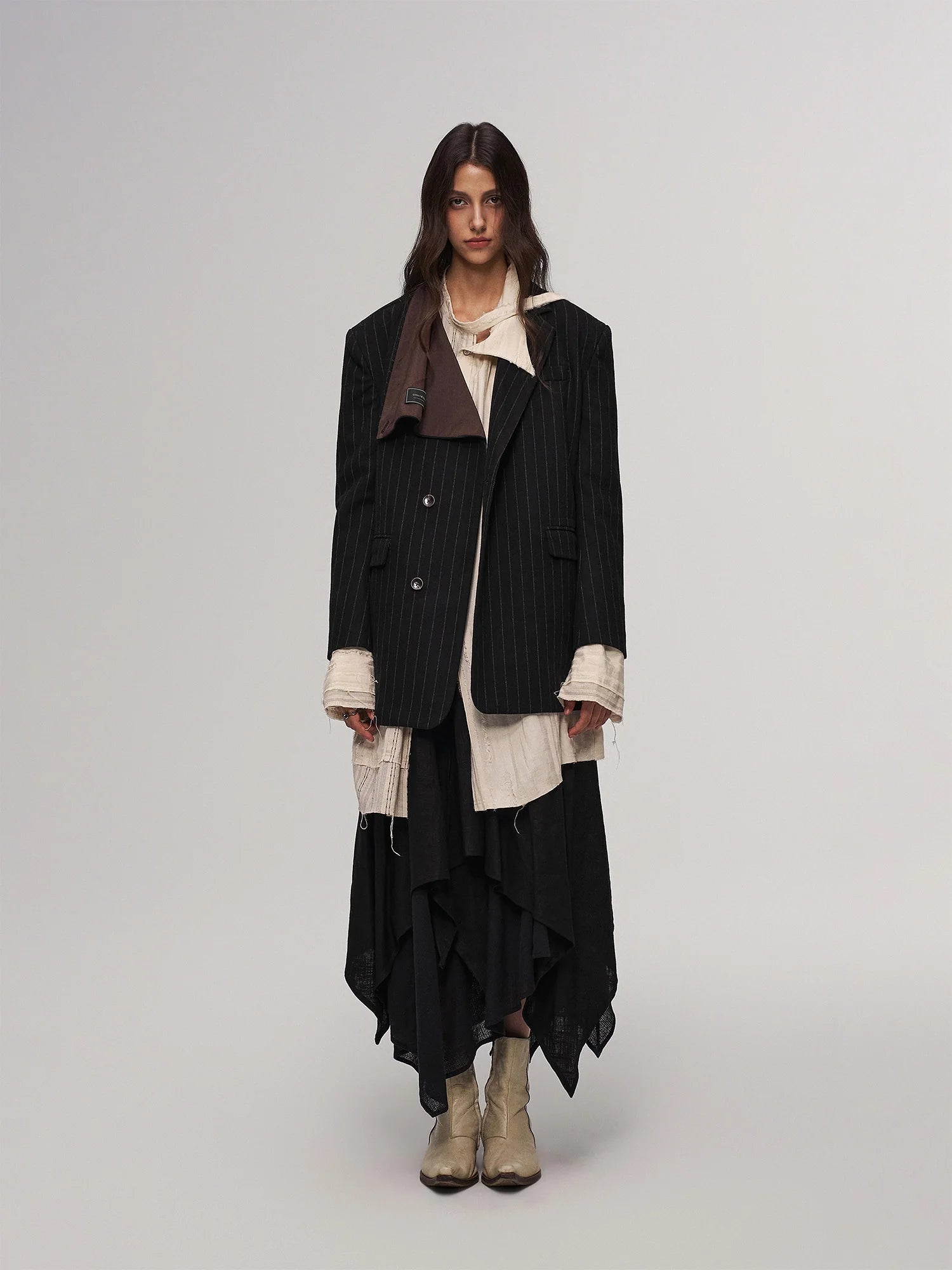 ILNya Nieternite Nifutur Asym Pinstripe Draped Flap Wool Blazer