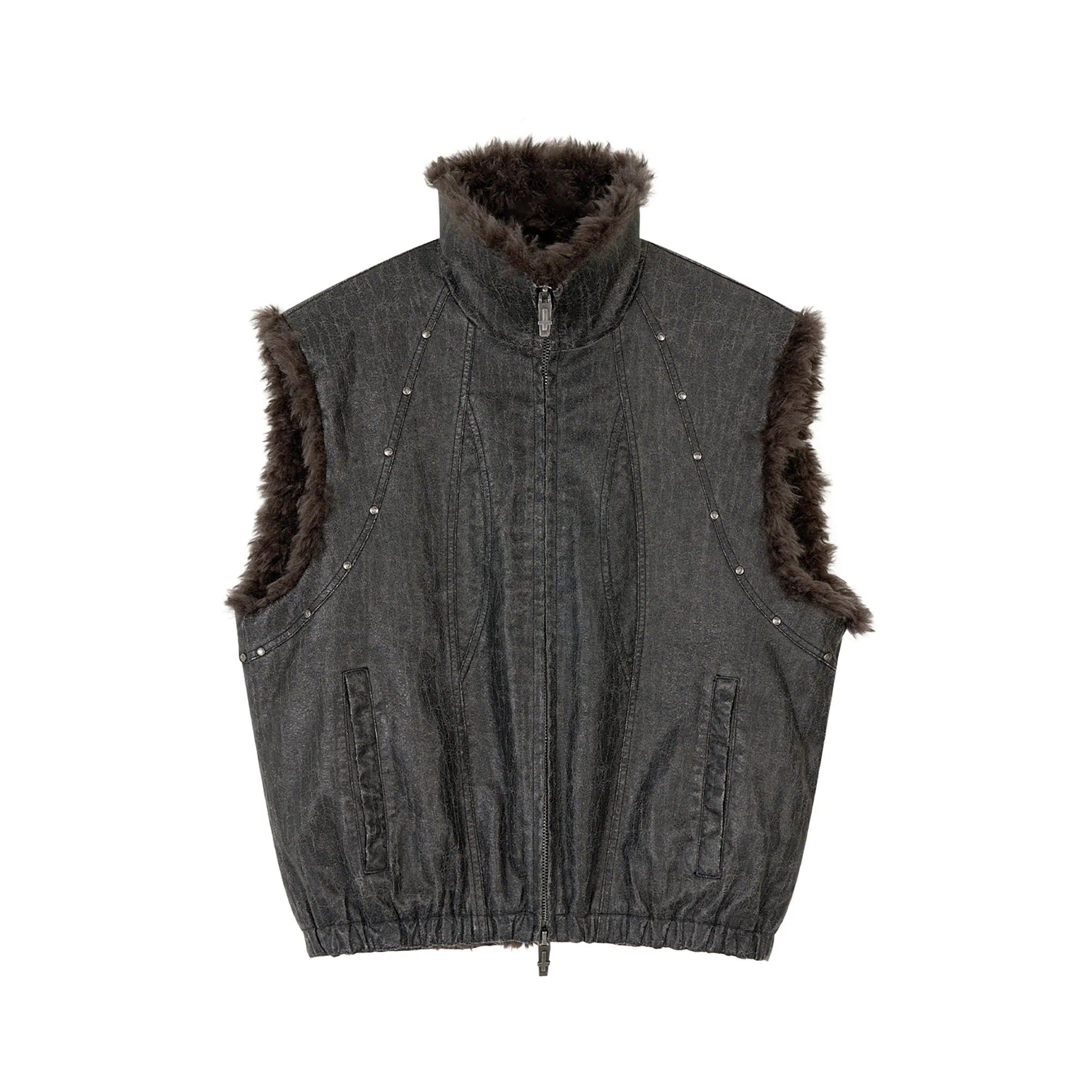 SAVAGEGROWTHWORLD Washed Faux Fur Lining Studded Vest