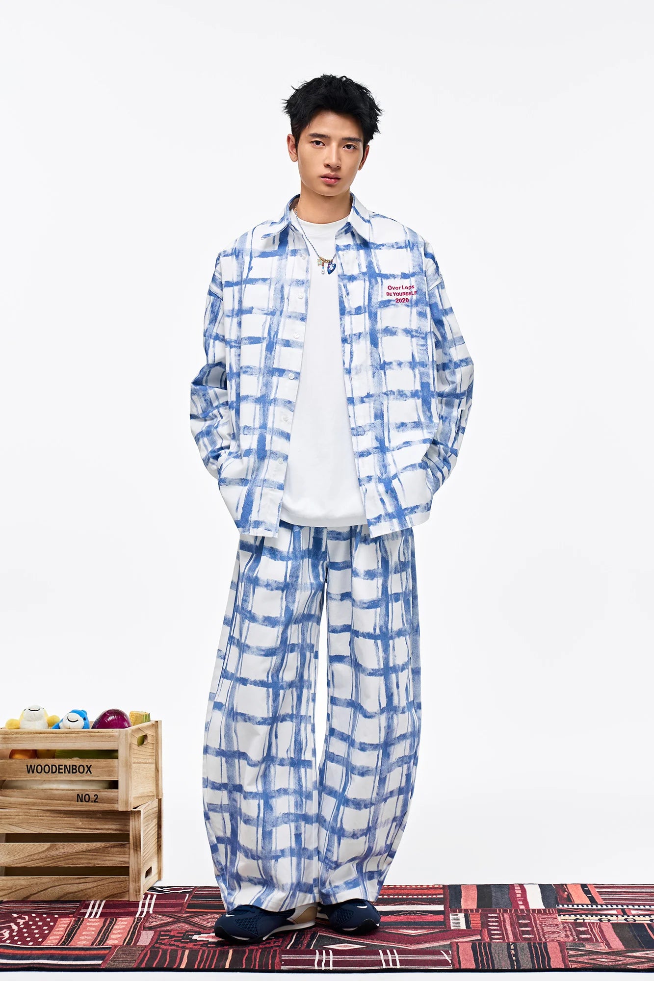 OVERLAPS Brush-Paint Grid Oversized Shirt