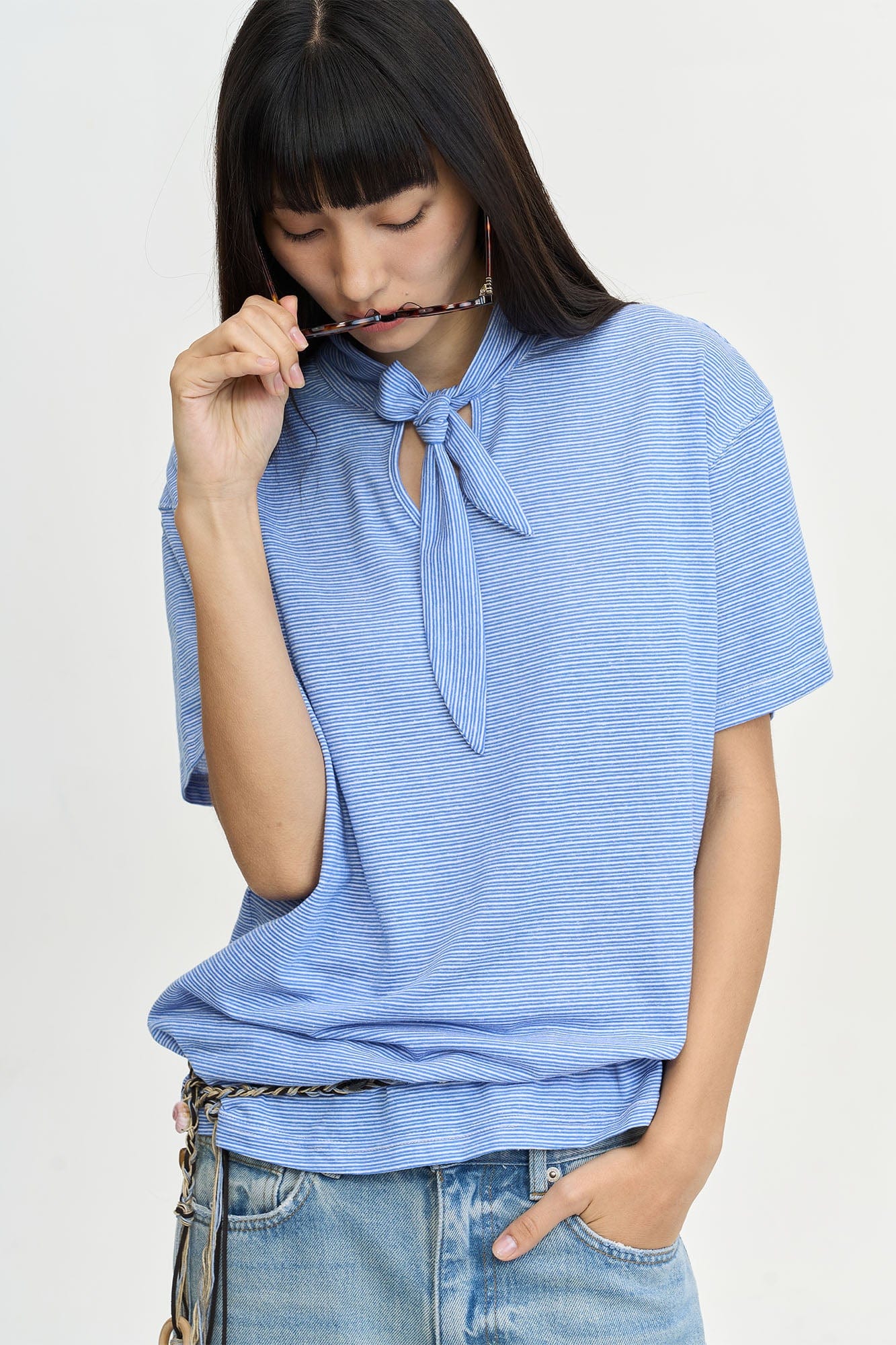 LEONSENSE Classical Striped Tie-Neck T-Shirt