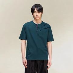ALVNG AR ANTS Slash Pleated Shoulder Spliced Henley T-Shirt