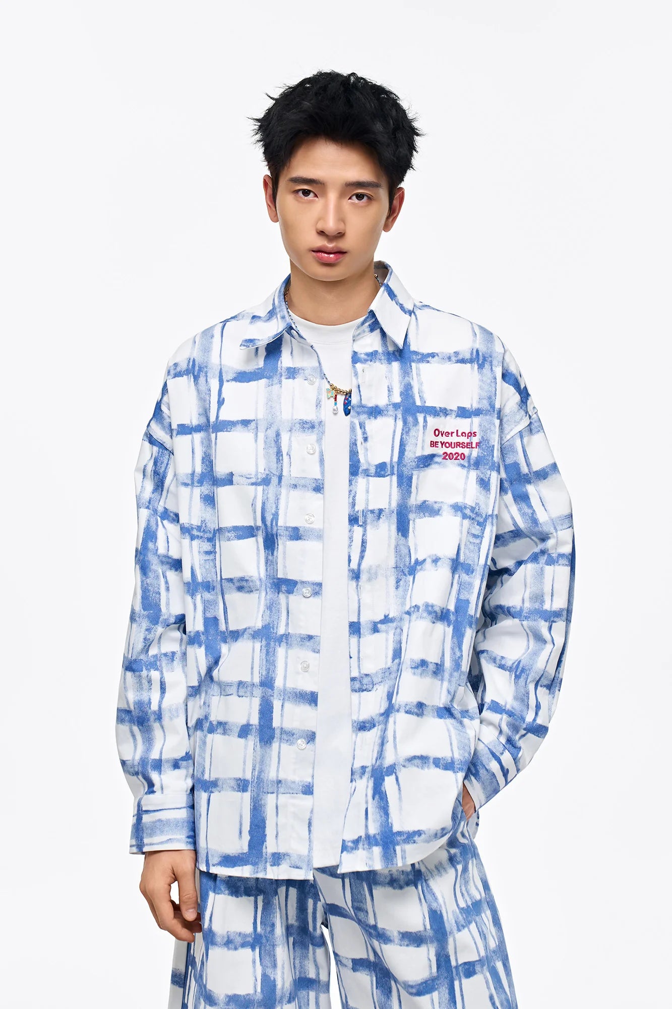 OVERLAPS Brush-Paint Grid Oversized Shirt