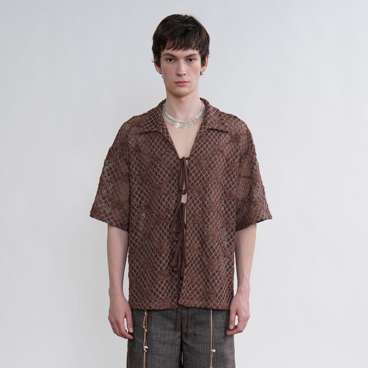 ORAL UTOPIA Crochet Tie-Front Sheer Cuban Half Shirt