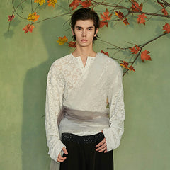 JIECHI Layered Sheer Wrap Lace Henley Shirt