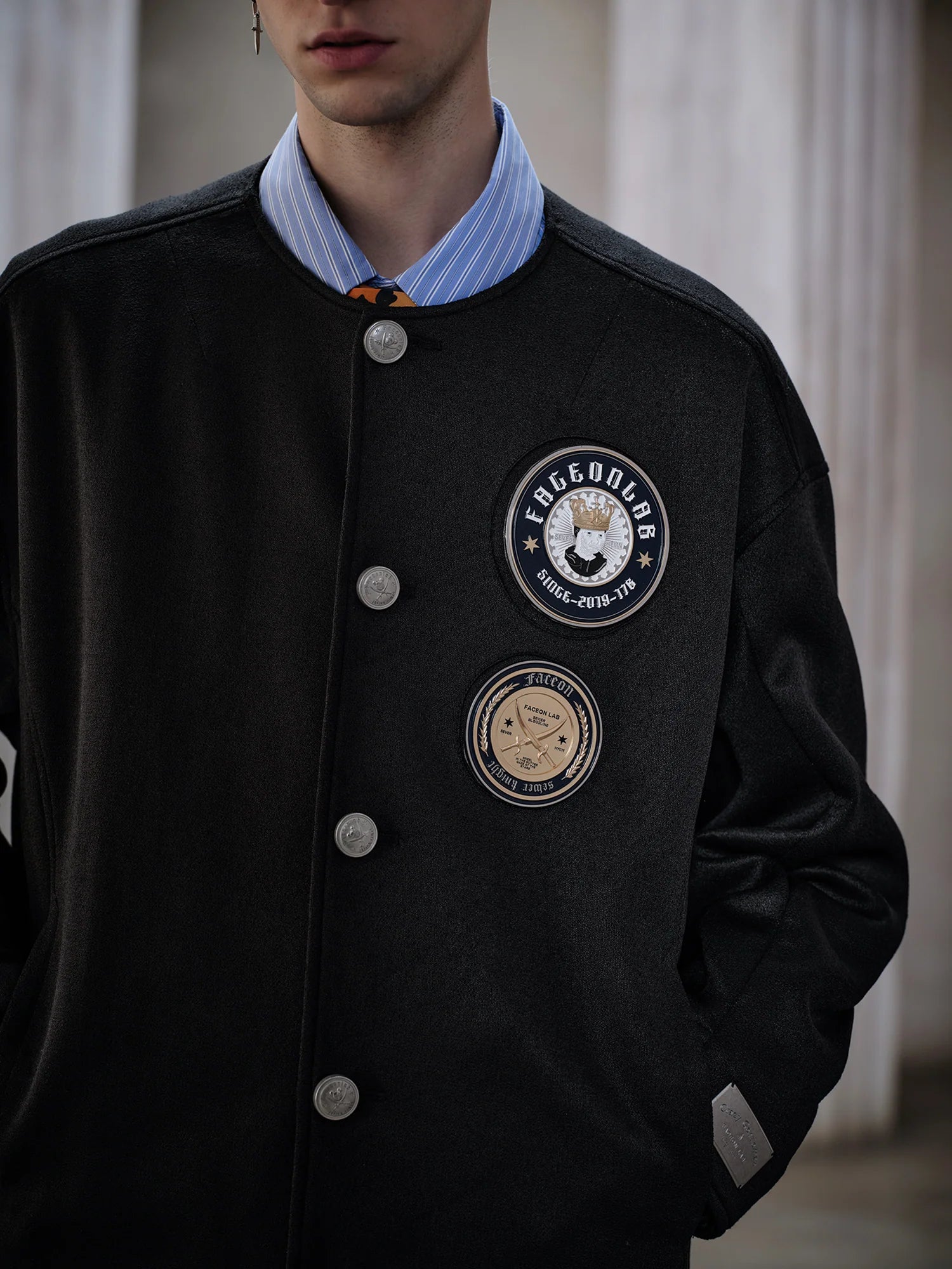FACEONLAB Badge-Patch Crew-Neck Oversized Jacket