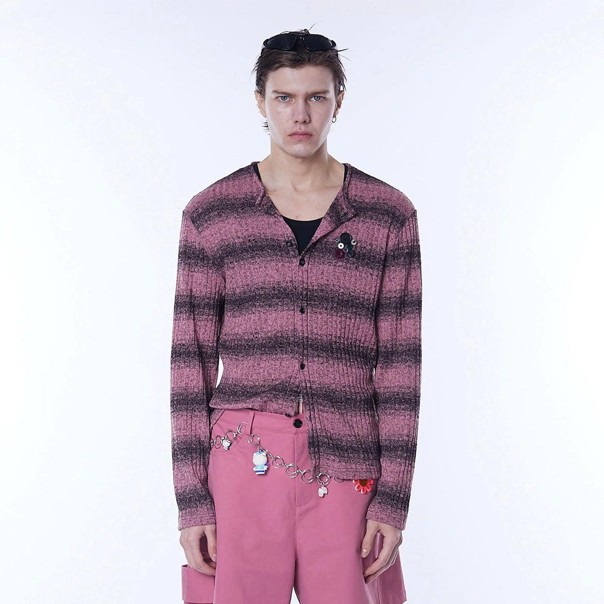 ASSEEN Horizontal Gradient Stripe Button Cardigan Pink