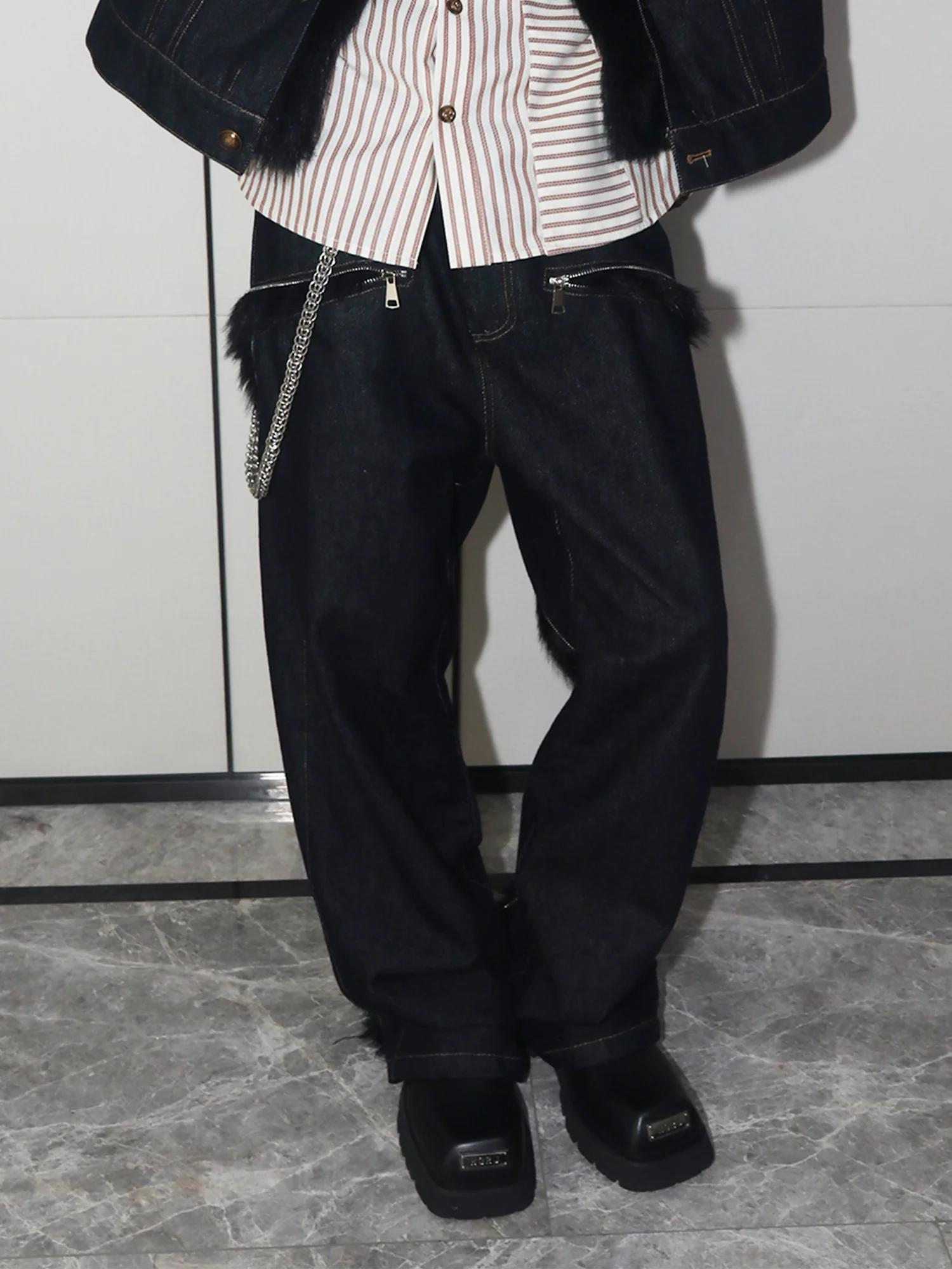 ASSEEN Faux Fur-Spliced Raw Denim Pants