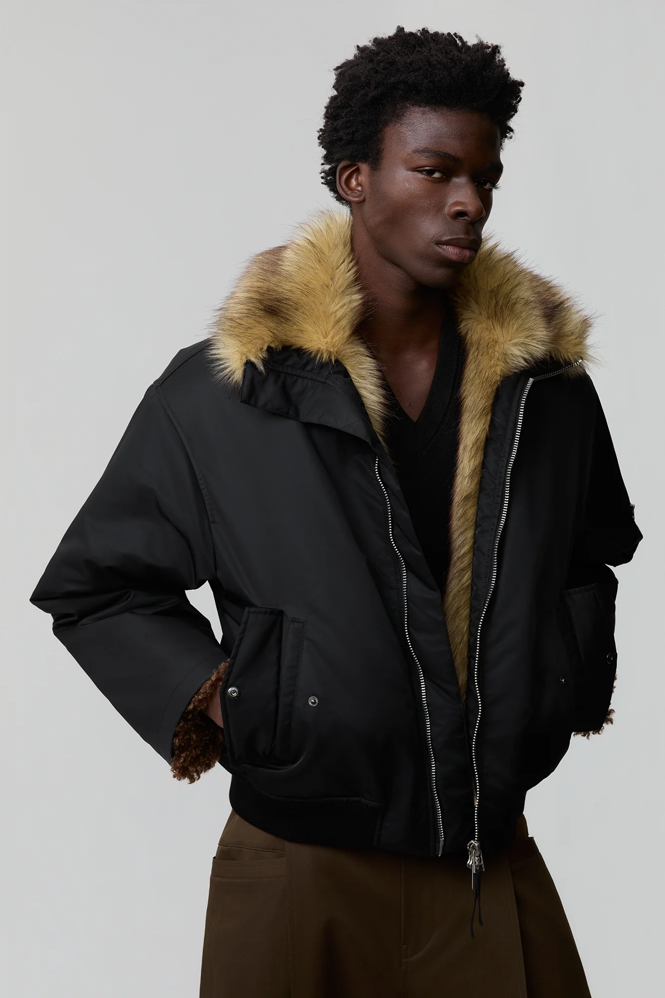 OPICLOTH Faux Fur-Lined Spliced Bomber Jacket