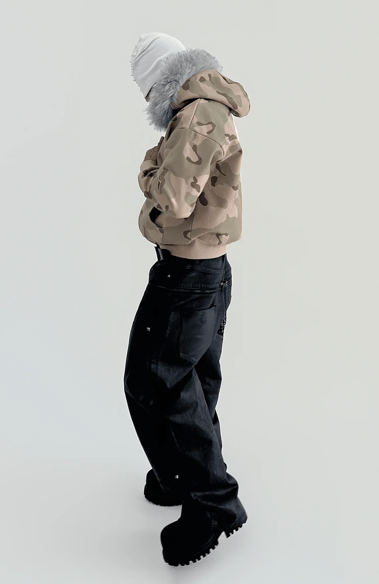 TECNINEGROUP Camo Waxed Faux Fur Hooded Jacket