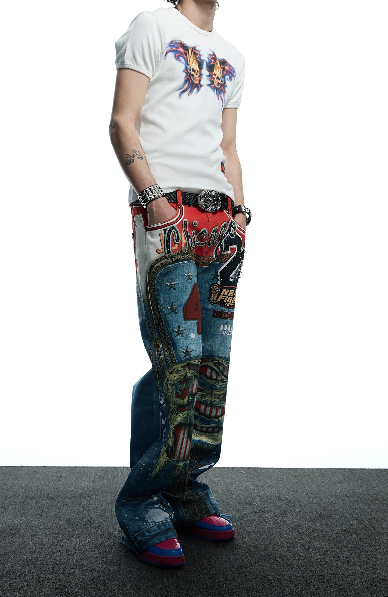 DND4DES Chicago Bulls Print Studded Flare Jeans