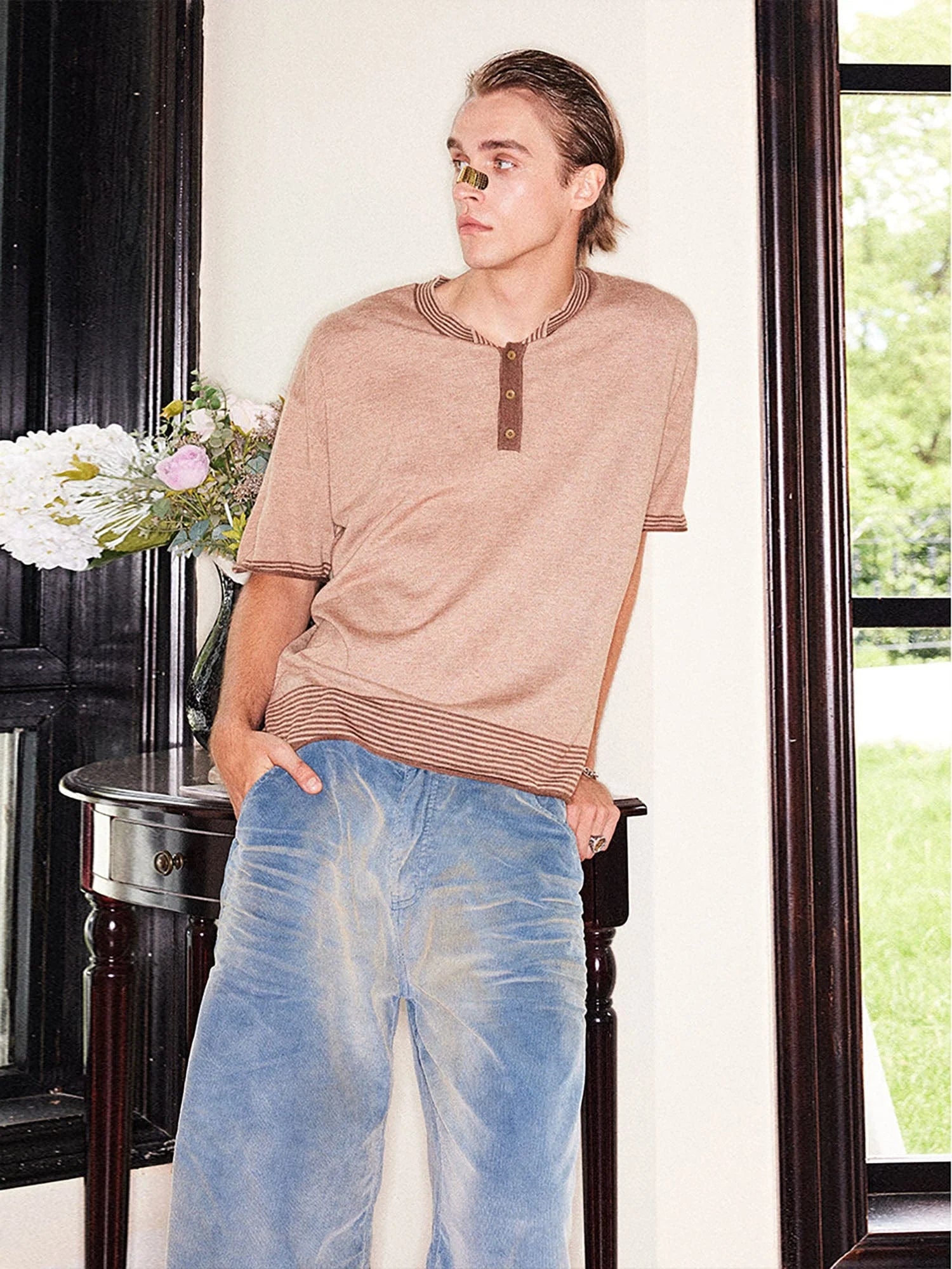 RICHILL Button-Collar Stripe-Trim T-Shirt
