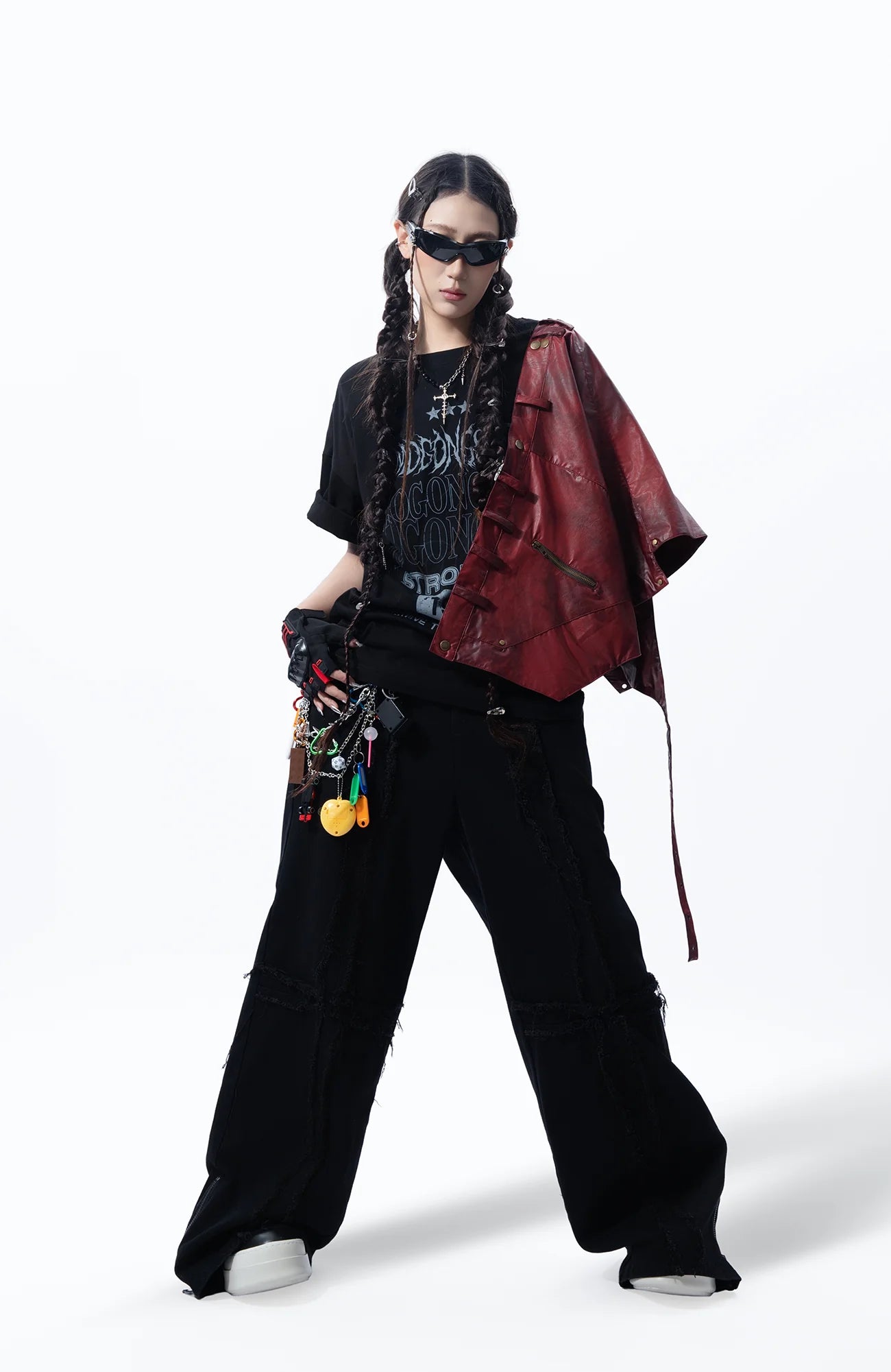 MOGONGSHE Detachable PU Drape  Frayed Cross Jeans