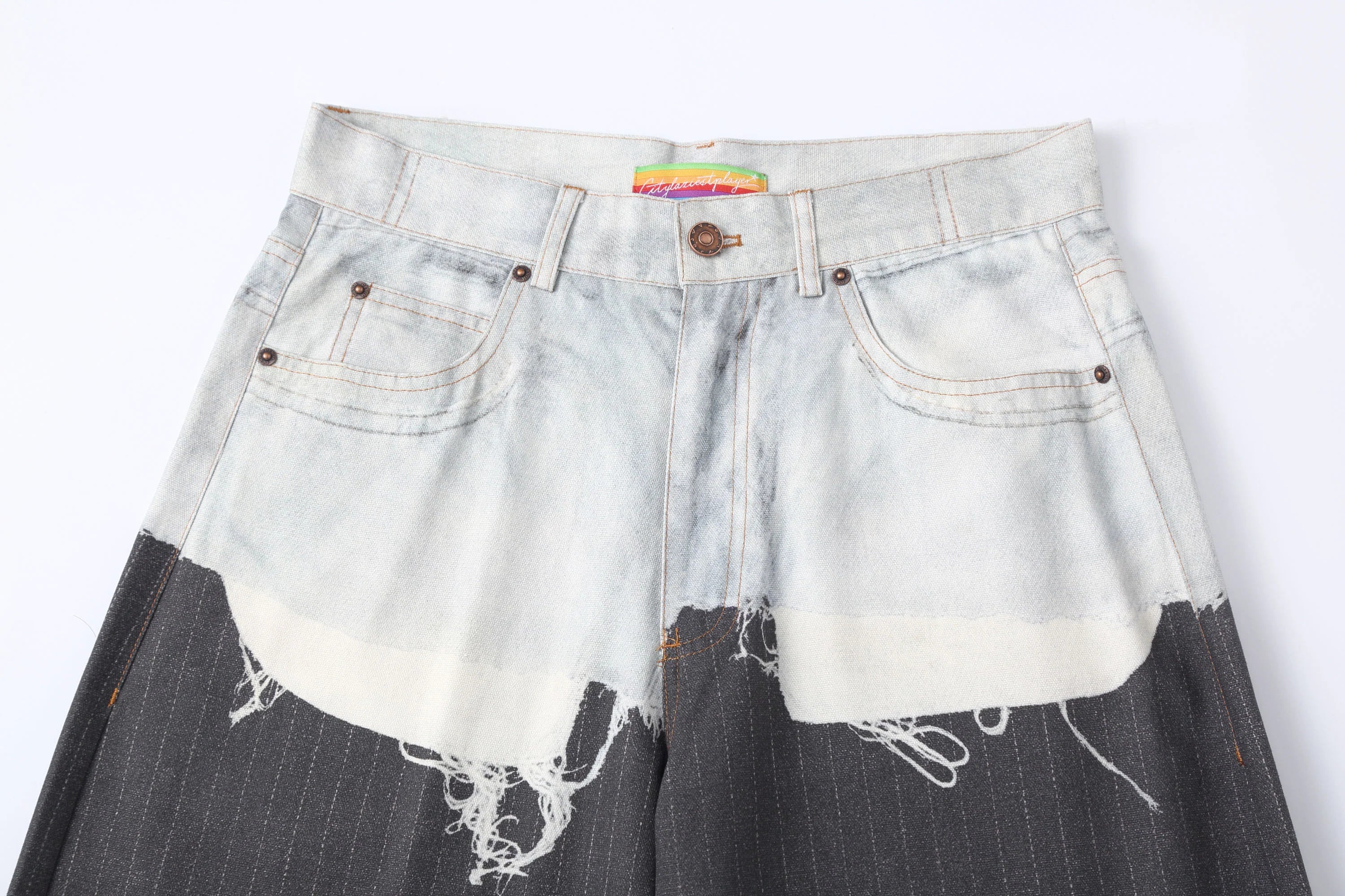 CLP Denim-Waist Pinstripe Straight-Leg Pants