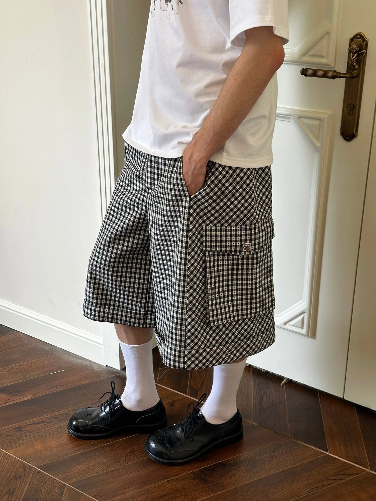 SOURPLUM Retro Gingham Spliced Oversized Shorts