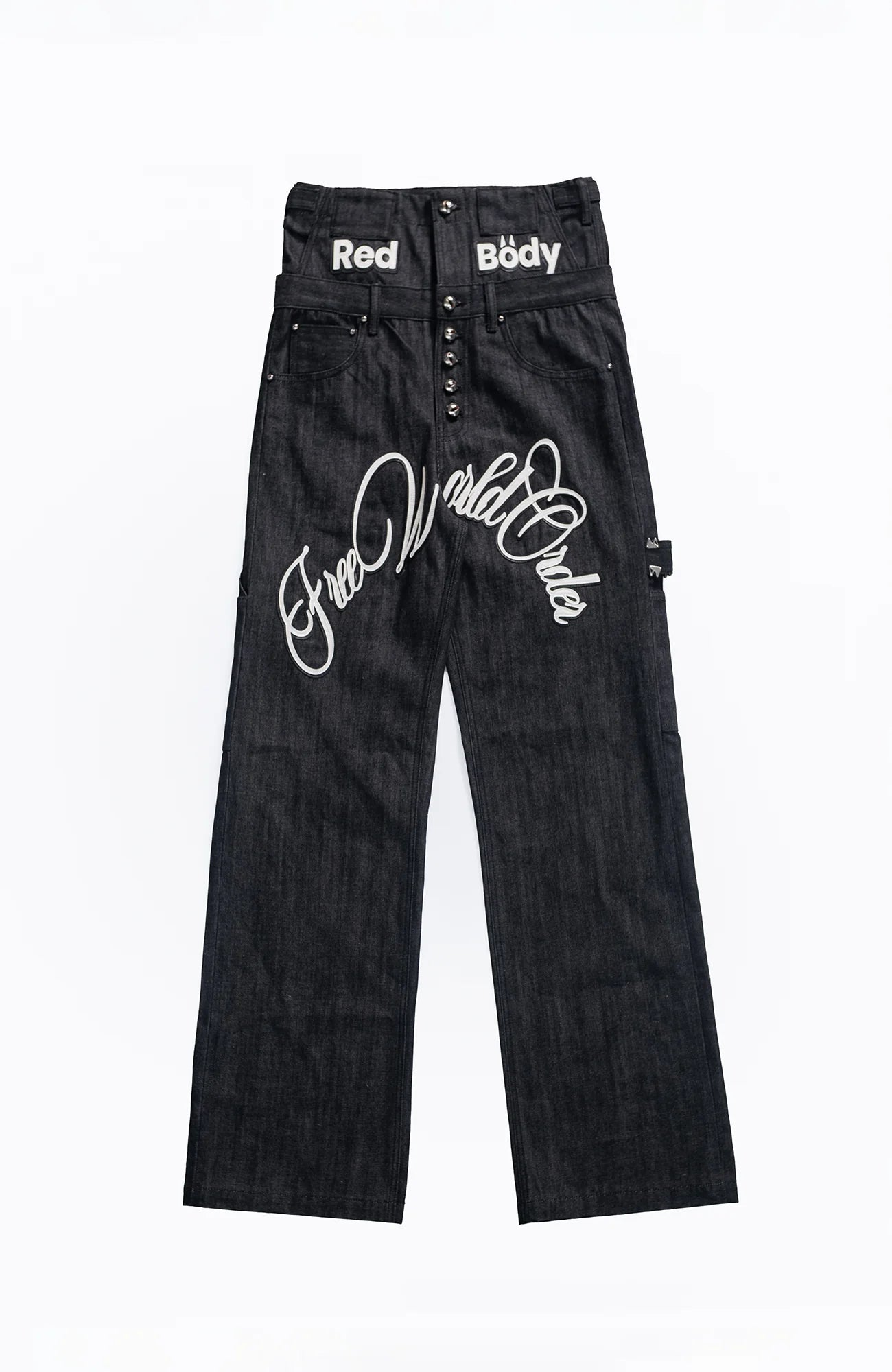 FVVO Layered-Waist Patterned Studded Jeans