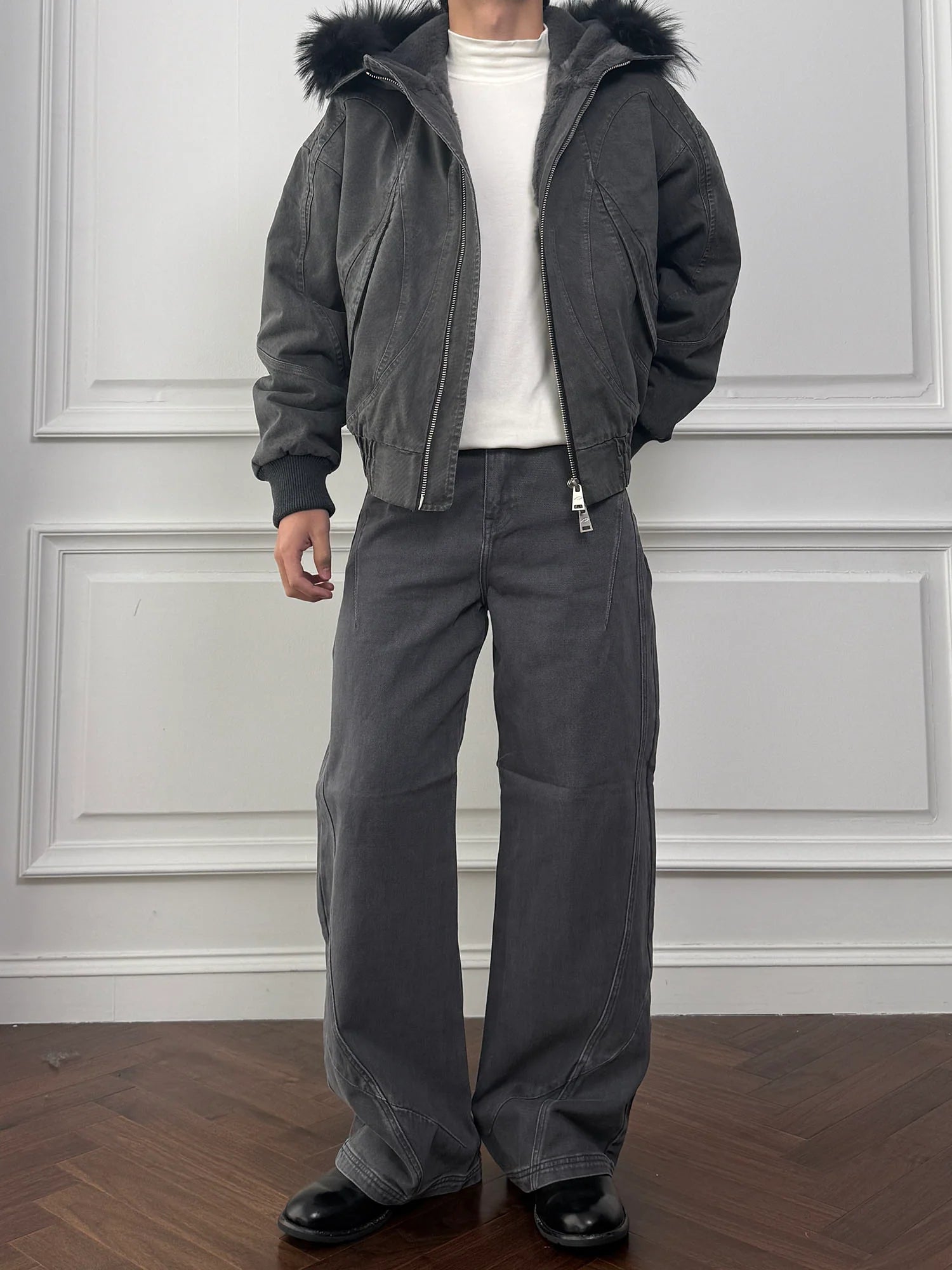 CATSSTAC Detachable Faux Fur Trim Panel Bomber Jacket