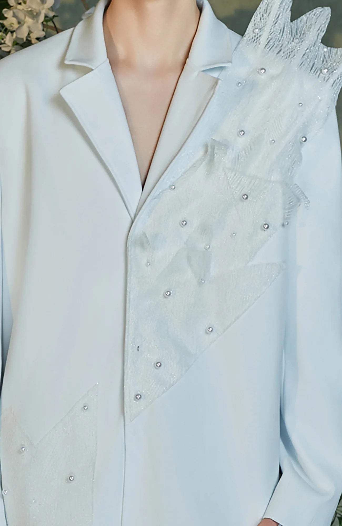 JIECHI Pearl-Embellished Sheer Feather Blazer