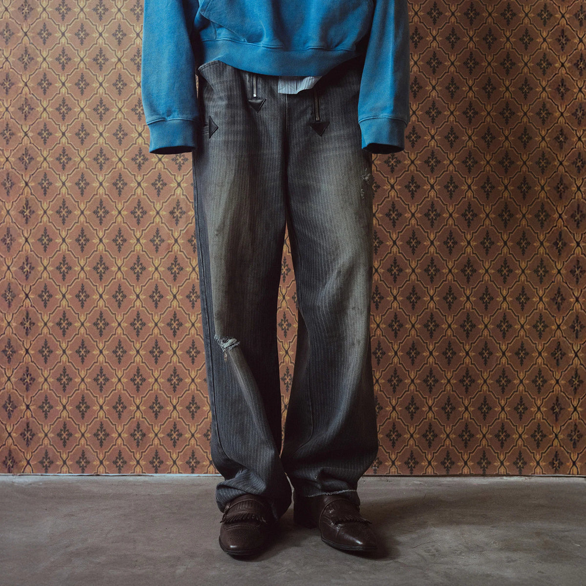 RICHILL Distressed Pinstriped Embroidered Jeans