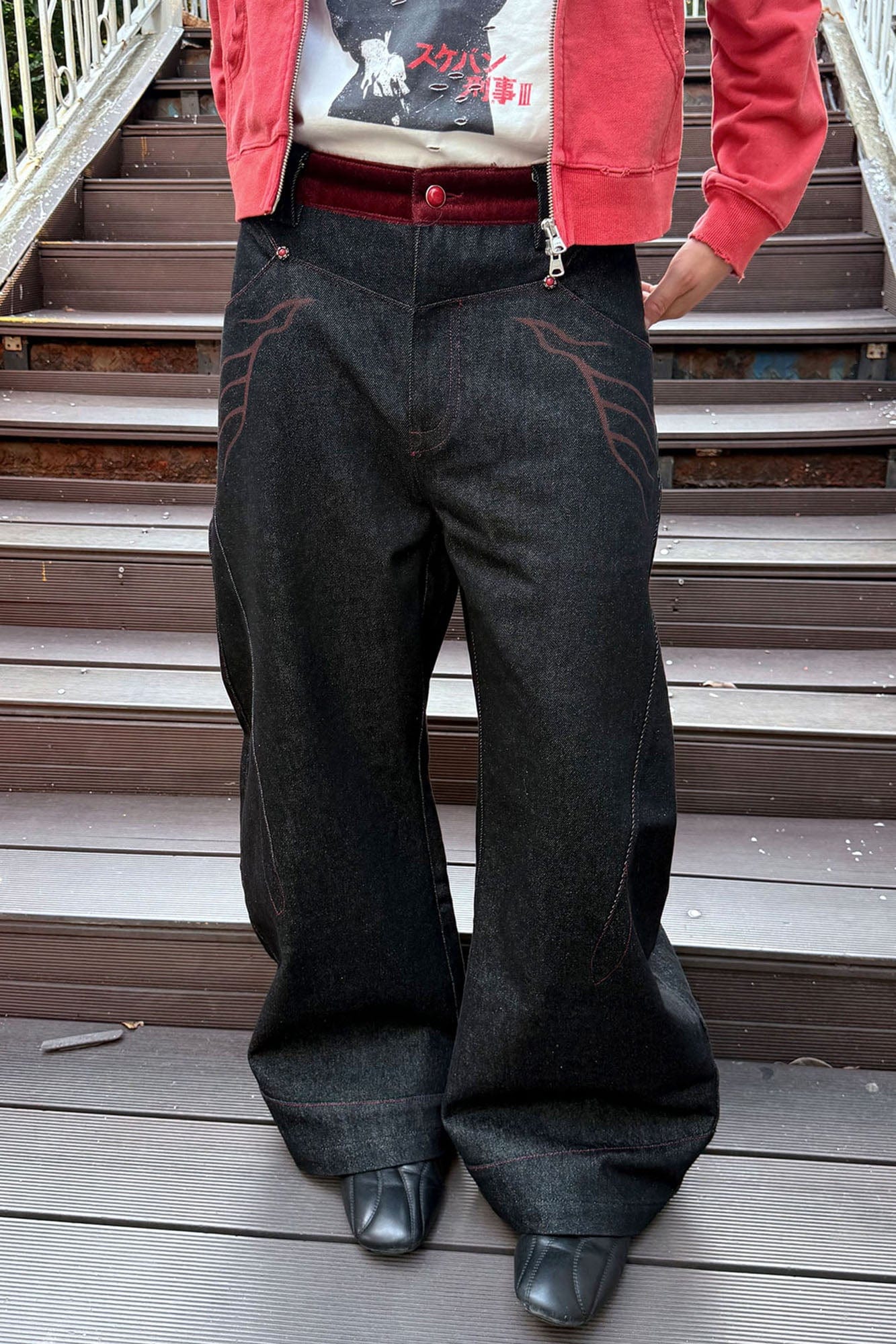 ESAIAS Vermilion Stitch Red Turquoise Curved Denim Pants