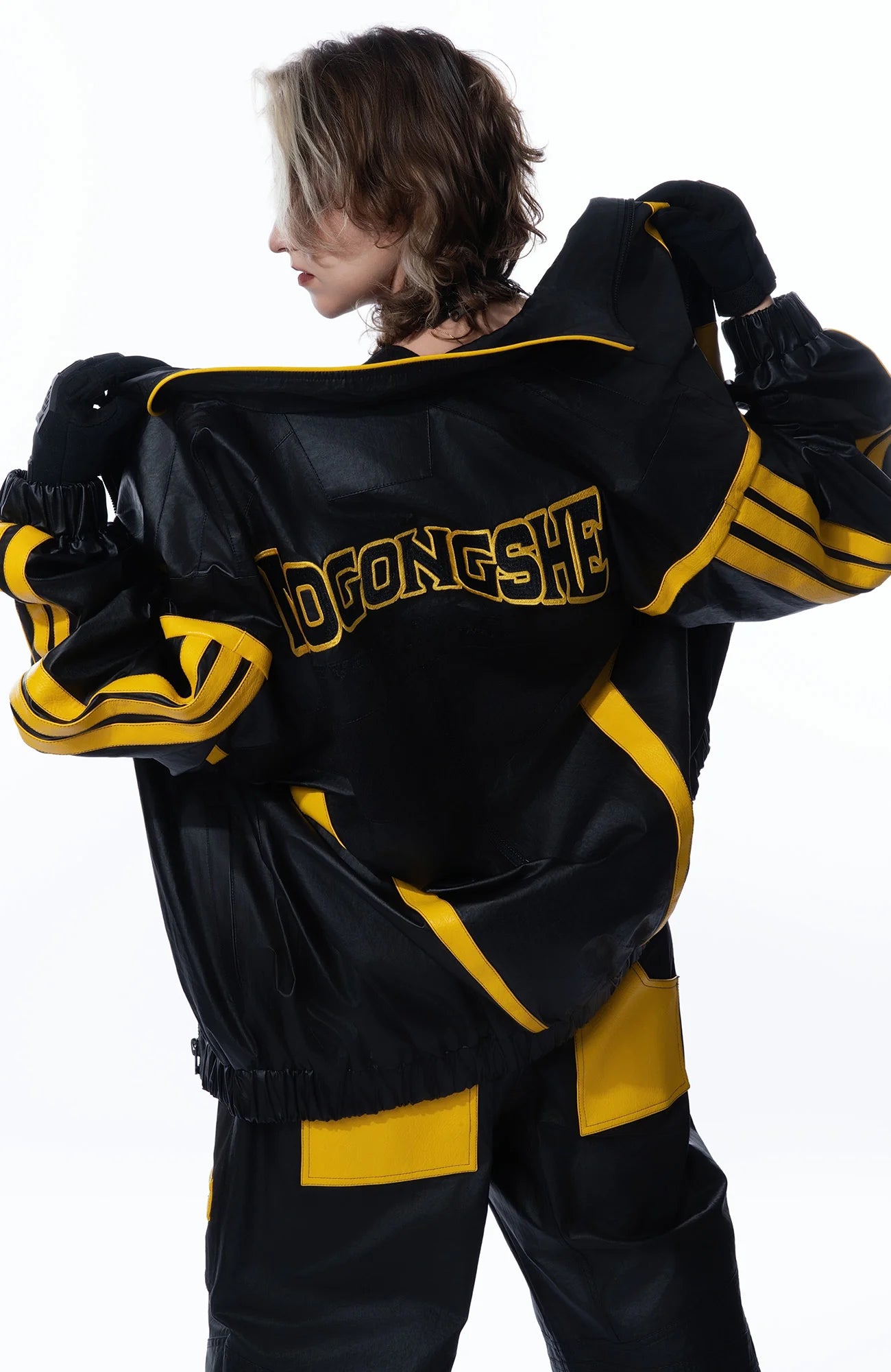 MOGONGSHE Contrast Stripe PU Moto Jacket