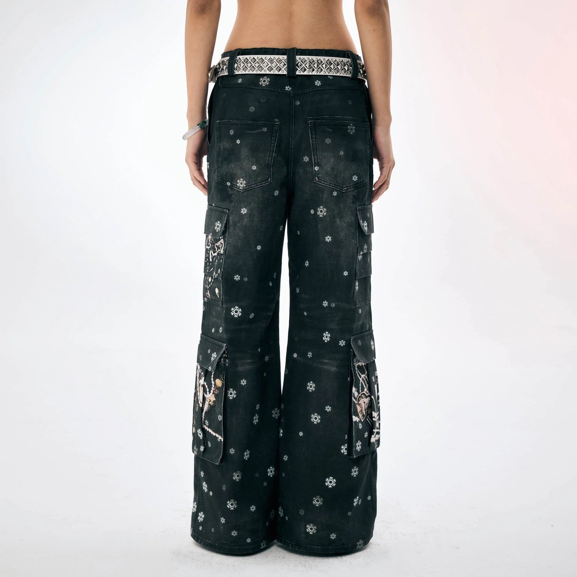DND4DES×Faychui Snowflake Full-Print Spliced Multi-Pocket Jeans