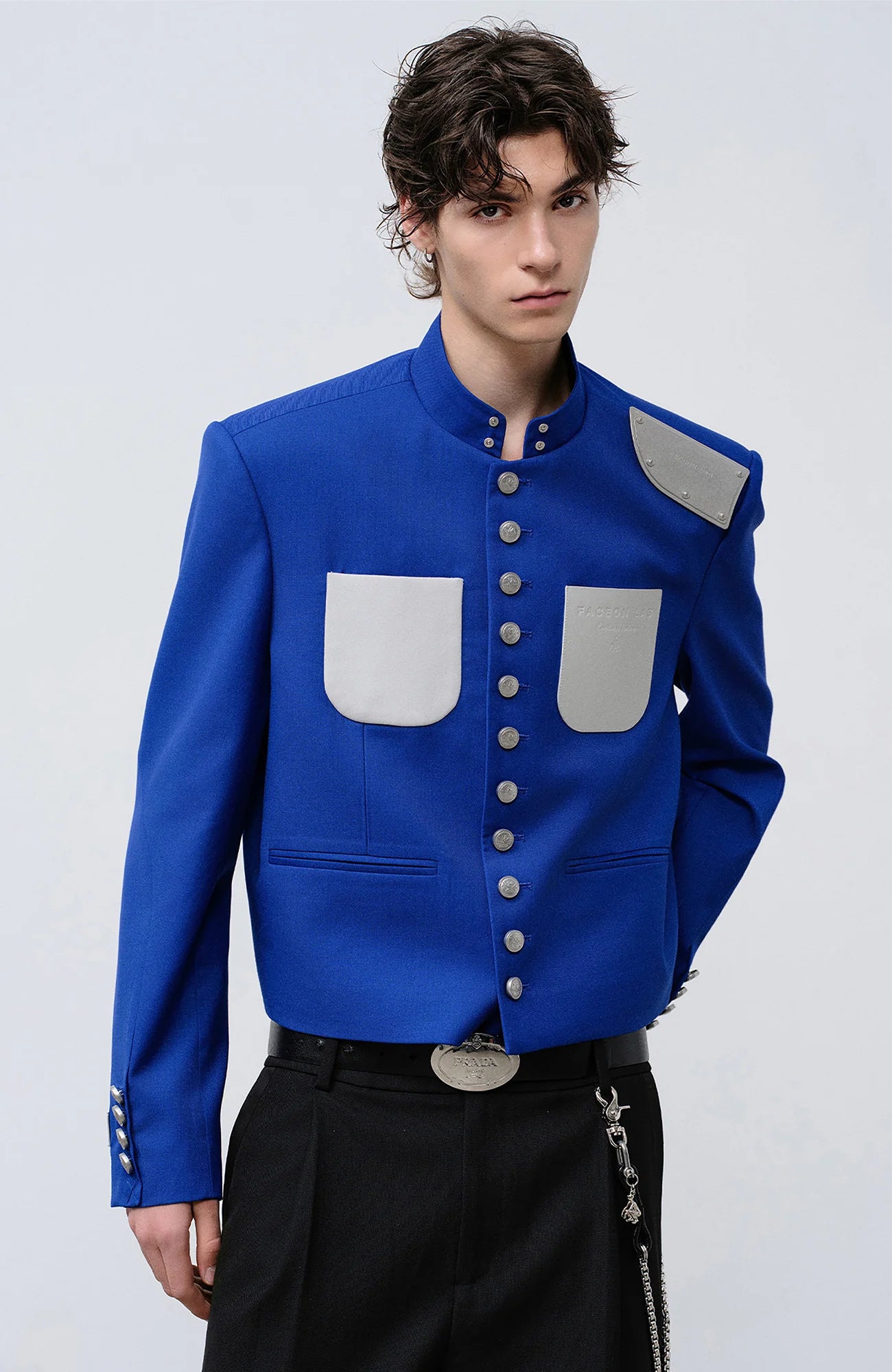 FACEONLAB Stand-Collar Metal-Shoulder Blazer Blue