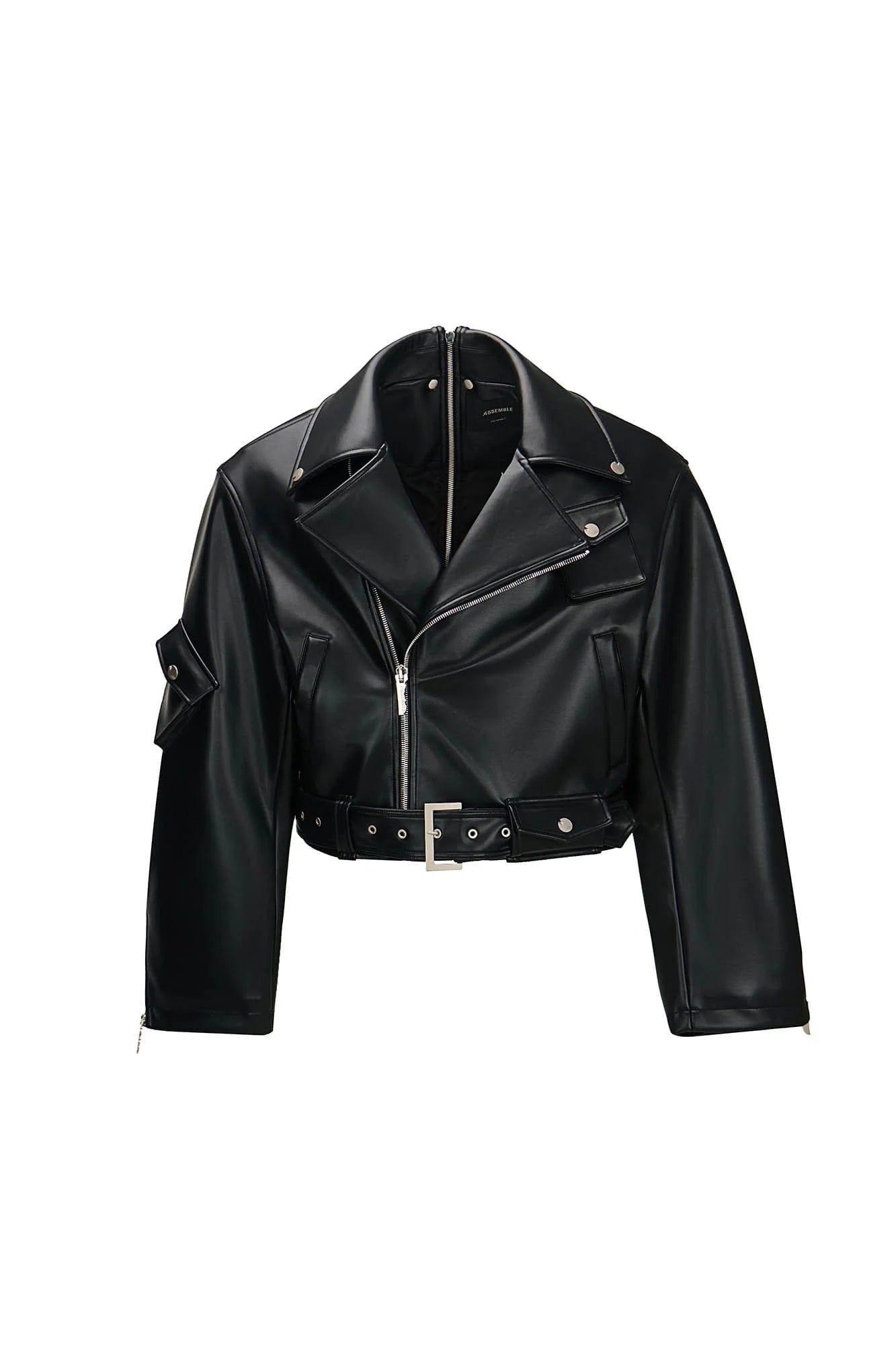 455EMBLE Asymmetrical Back-Zip Cropped PU Biker Jacket