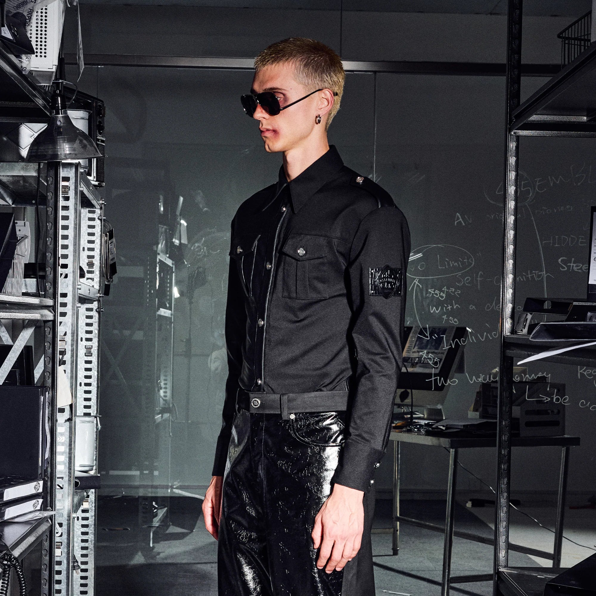 455EMBLE Faux Leather Panelled Epaulette Slim Shirt