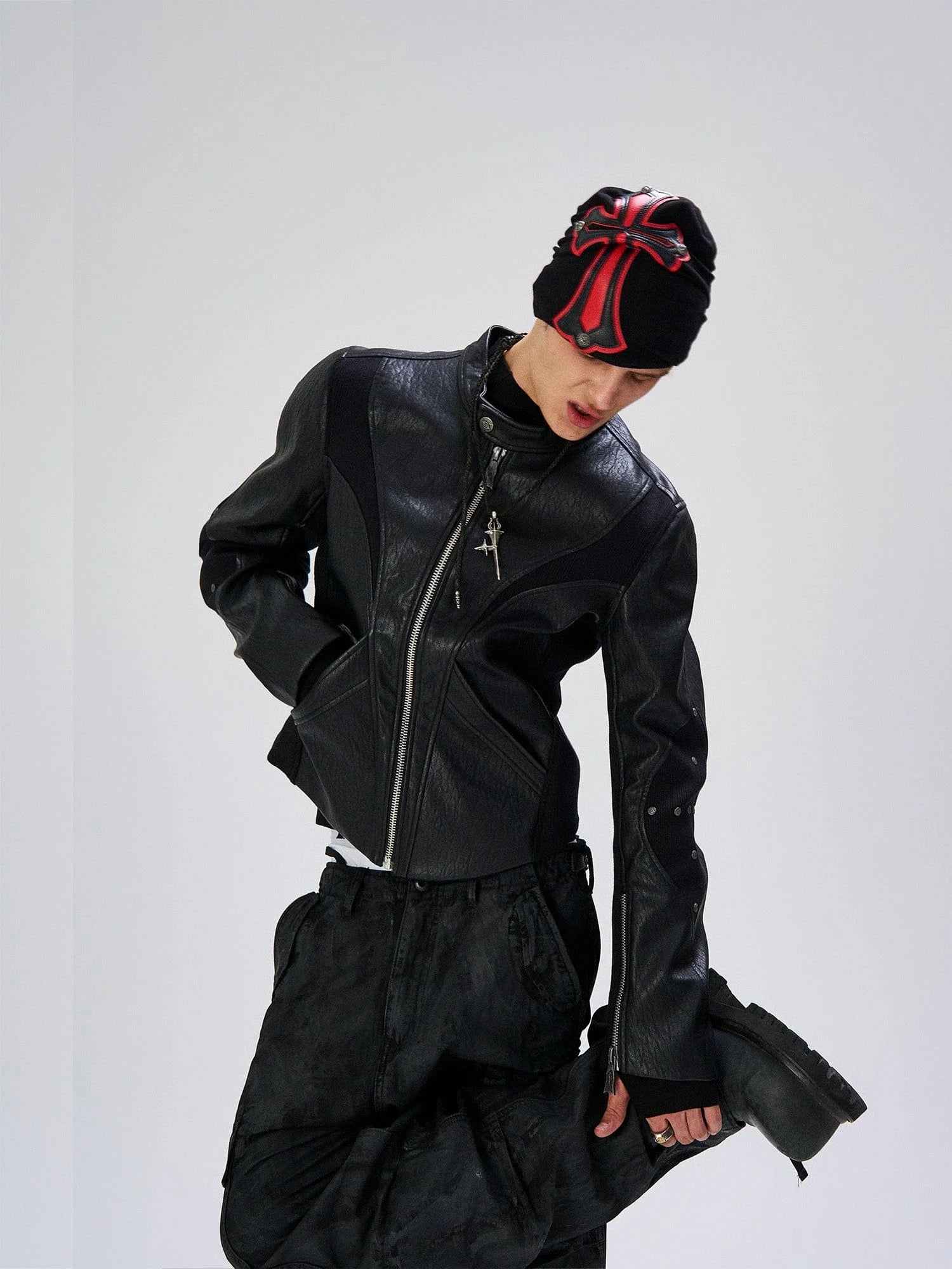 FLYERRER Structured Panel Faux Leather Biker Jacket