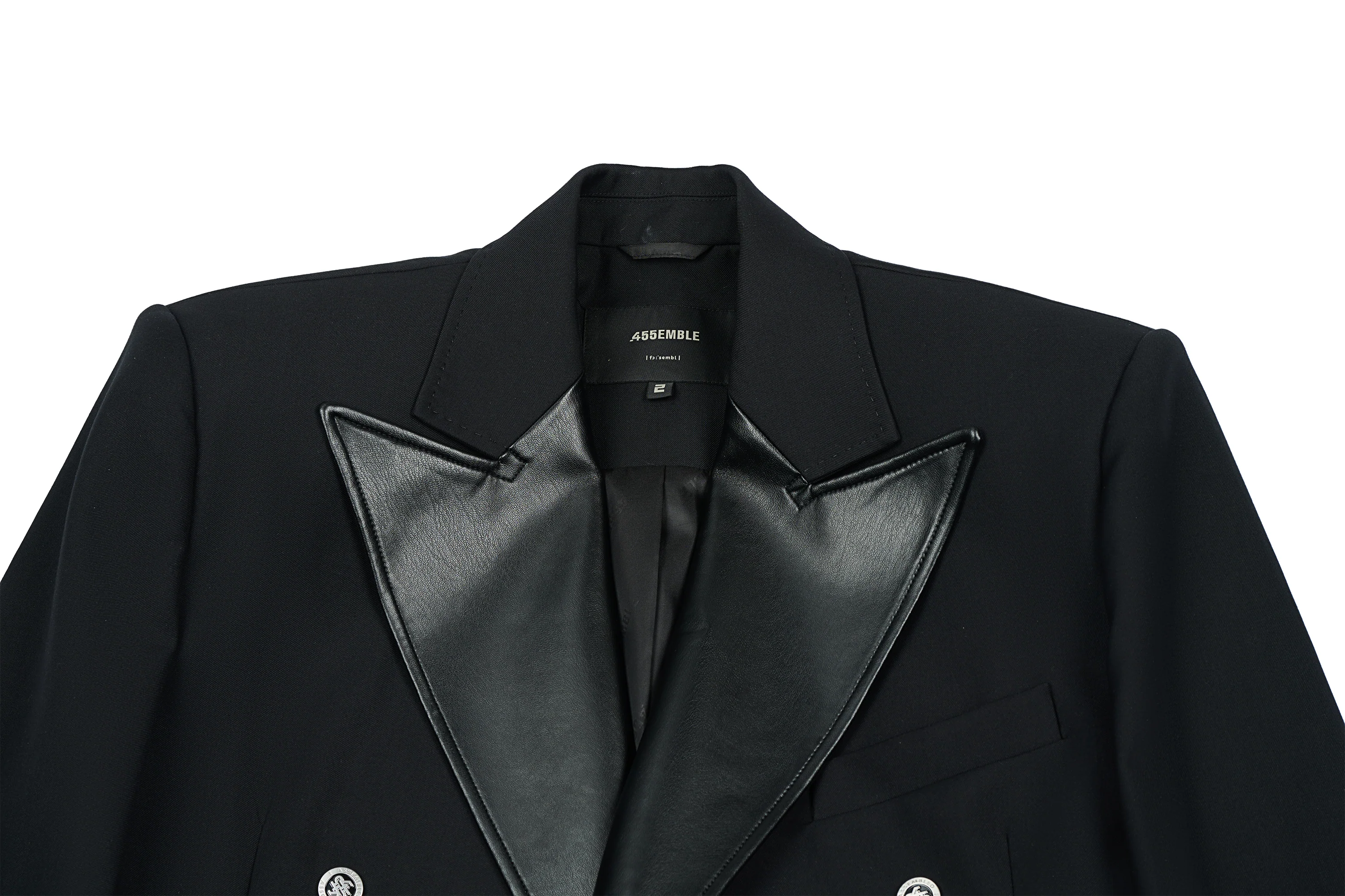 455EMBLE Paneled PU Lapel Waist-Cinched Blazer
