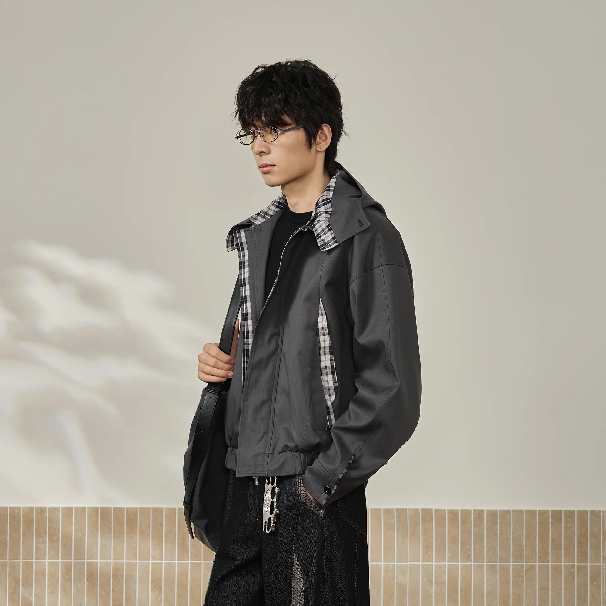 MOITIEDEPETALE Convertible Collar & Hood Plaid Pocket Jacket