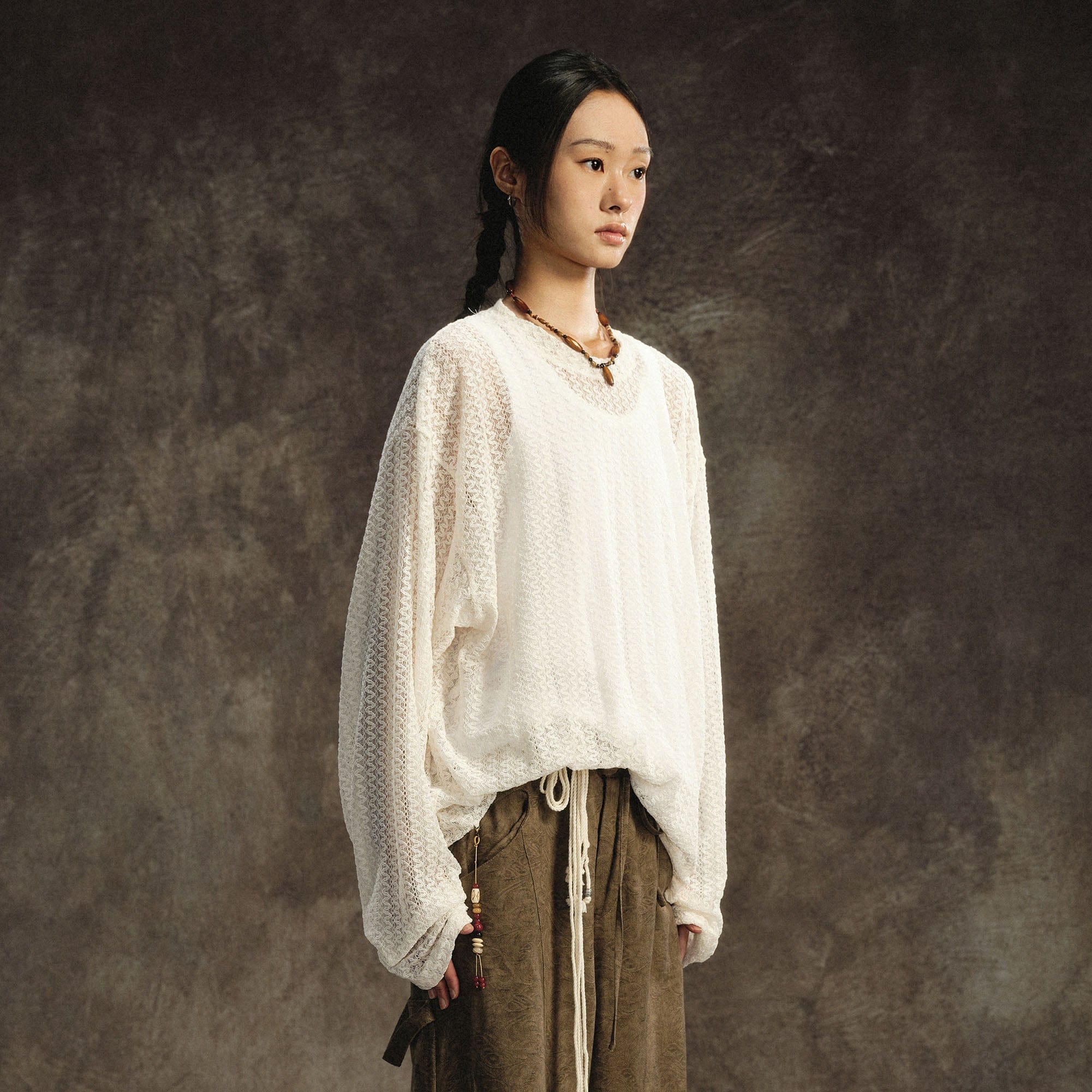 GONGHE REPUB Lightweight Wave-Knitted Openwork Long-Sleeve Tee