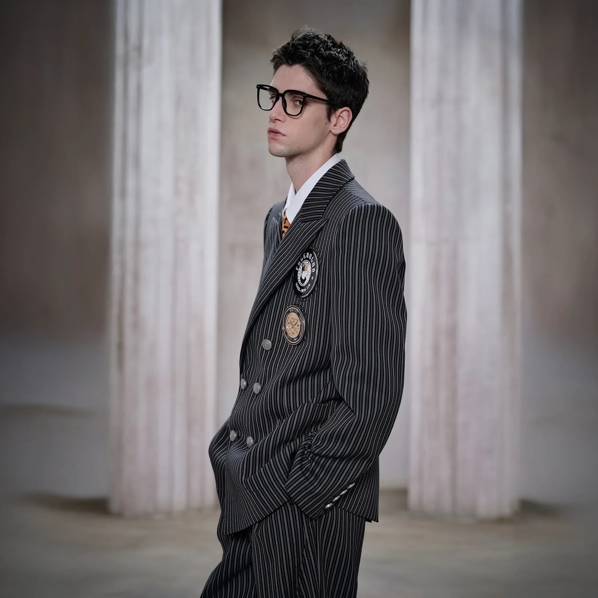 FACEONLAB Stripe Badge-Patch Double-Breasted Jacket
