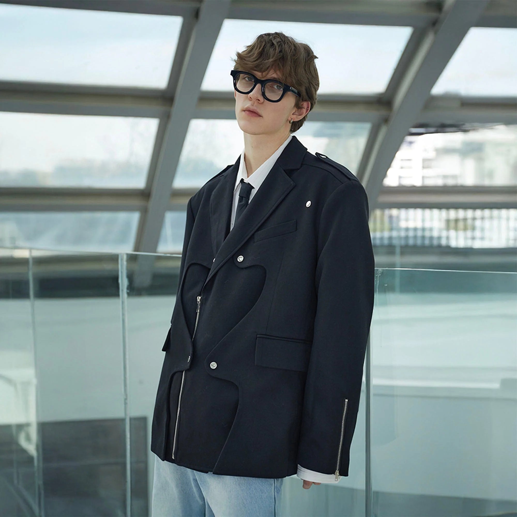 ASSEEN Deconstructed Ripple-Panel Zip Blazer