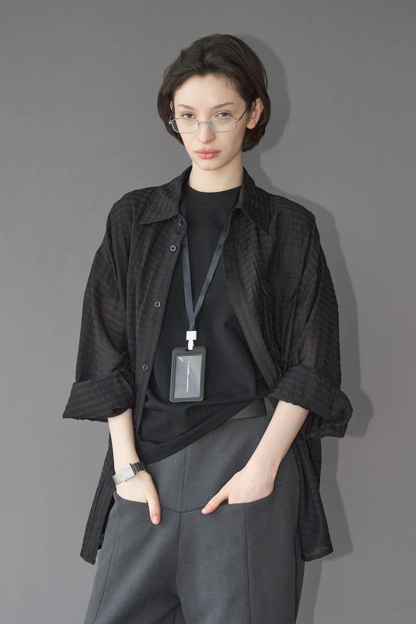 LABELROOM Sheer Textured Grid Oversized Shirt