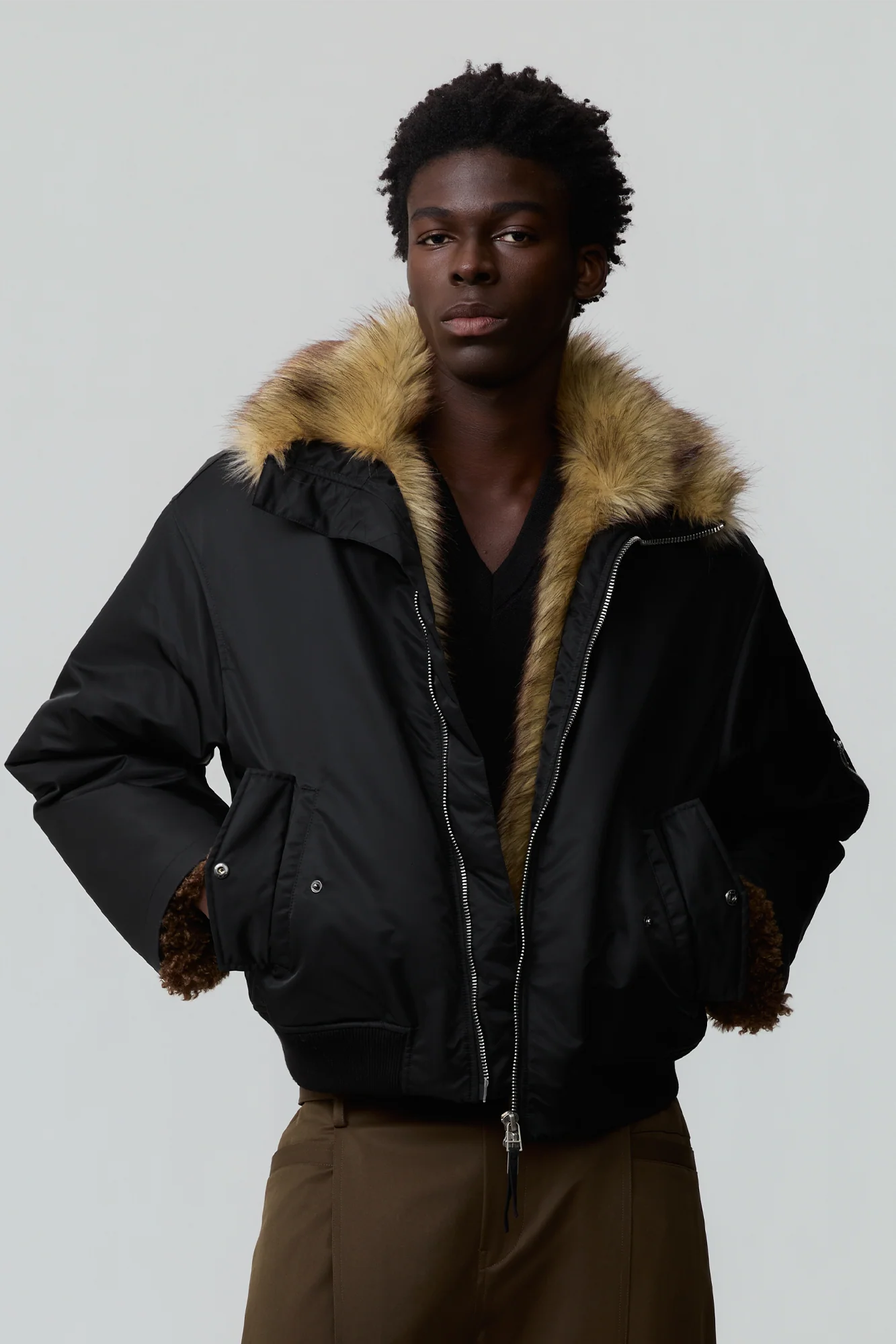 OPICLOTH Faux Fur-Lined Spliced Bomber Jacket