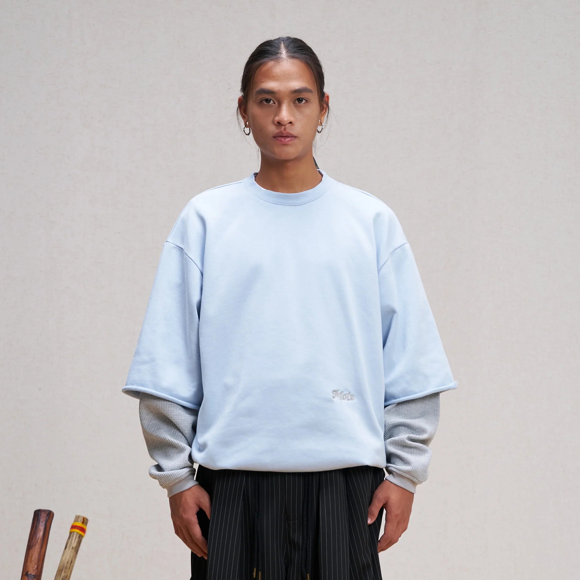 UNLIMITED MOTE Waffle Sleeve Layered Drawstring Hem Sweatshirt