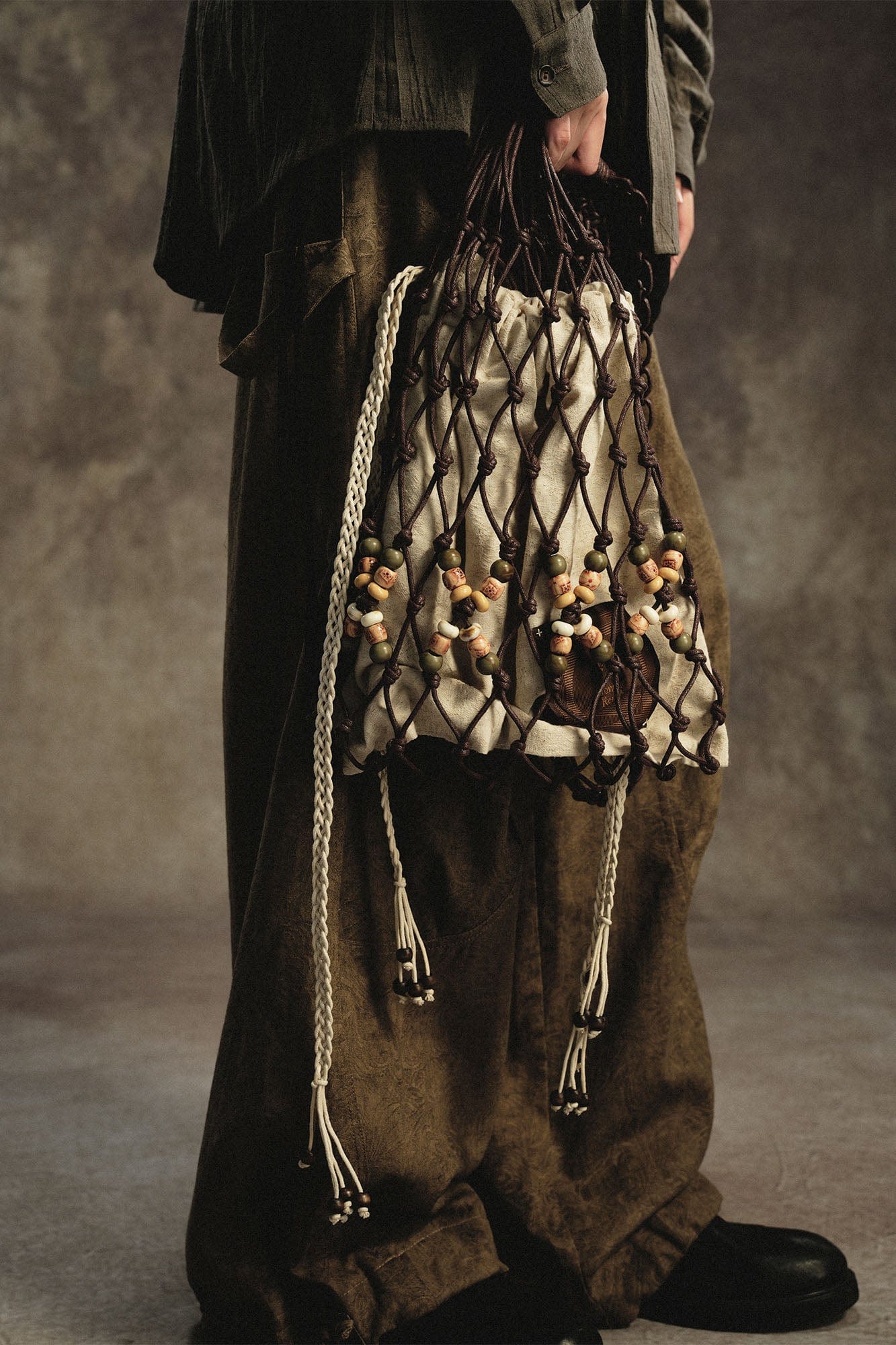 GONGHE REPUB Waxed Cotton Knotted Beaded Mesh Bag