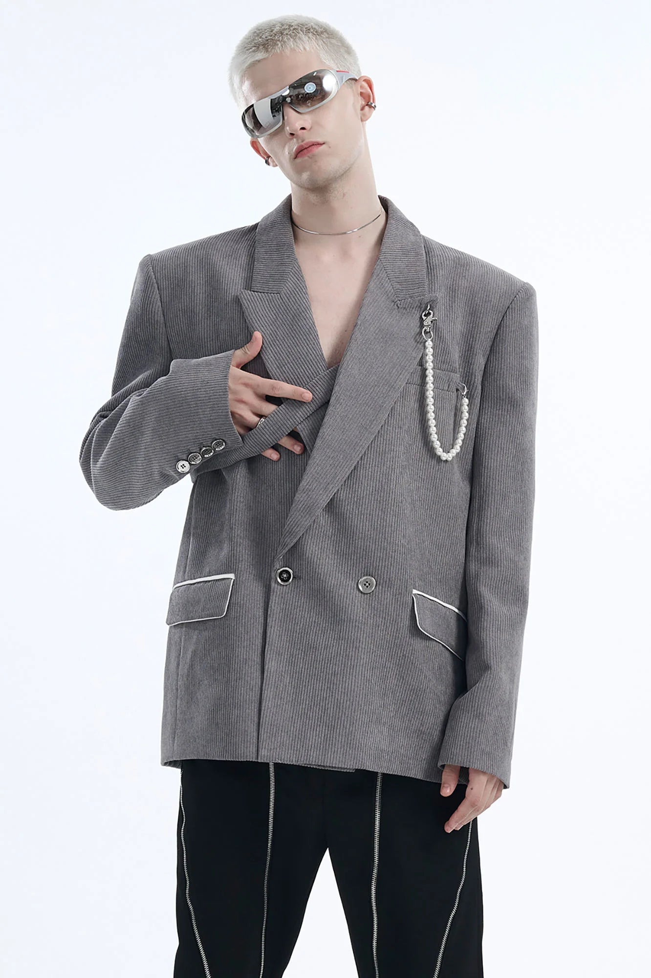 TIWILLTANG Asymmetrical Strap Pearl-Chain Corduroy Blazer