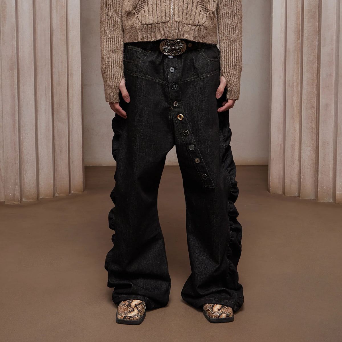 DND4DES Asym Button-Fly Ruched Baggy Jeans