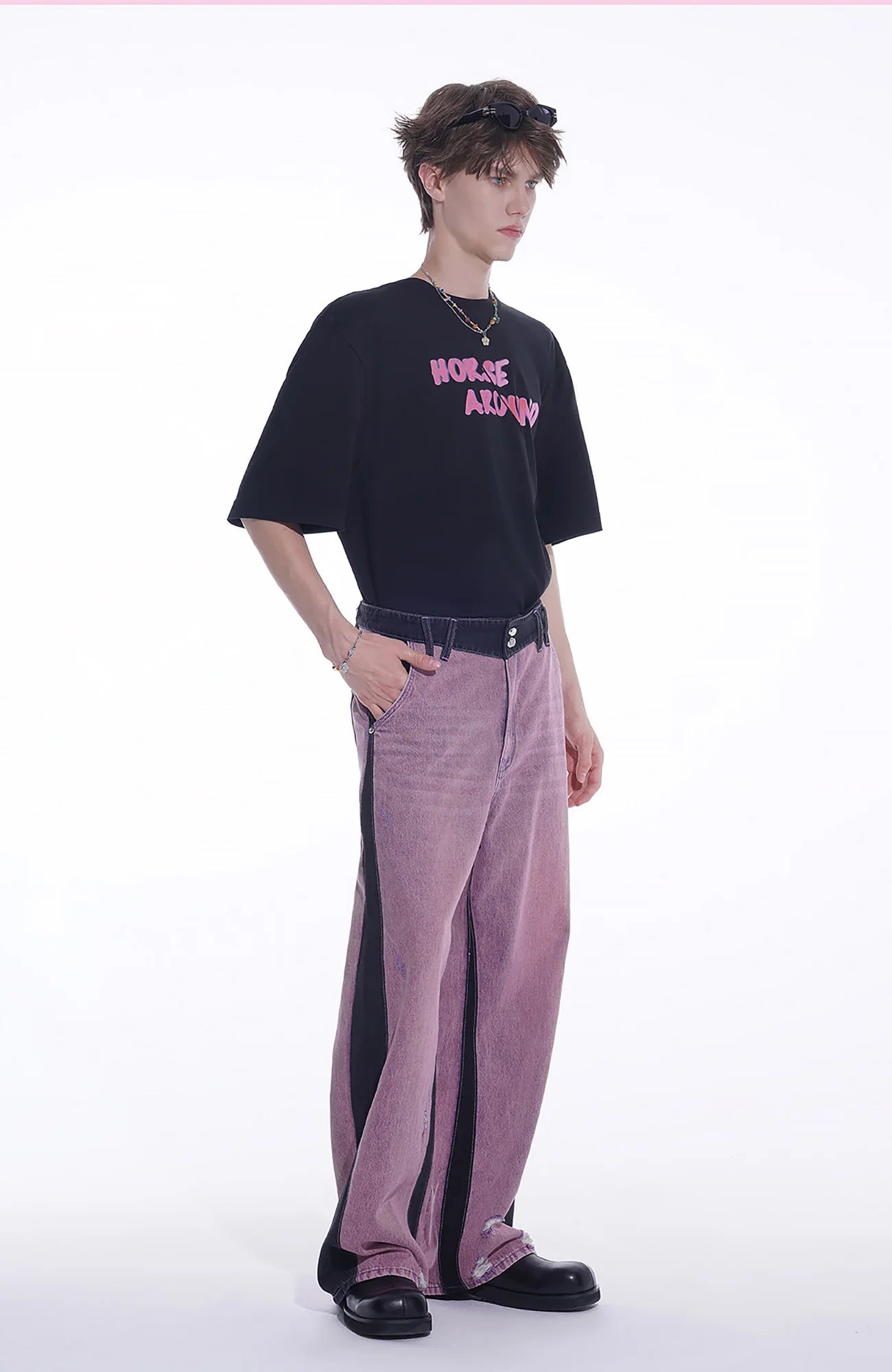 TIWILLTANG Distressed Contrast Paneled Wide-Leg Jeans