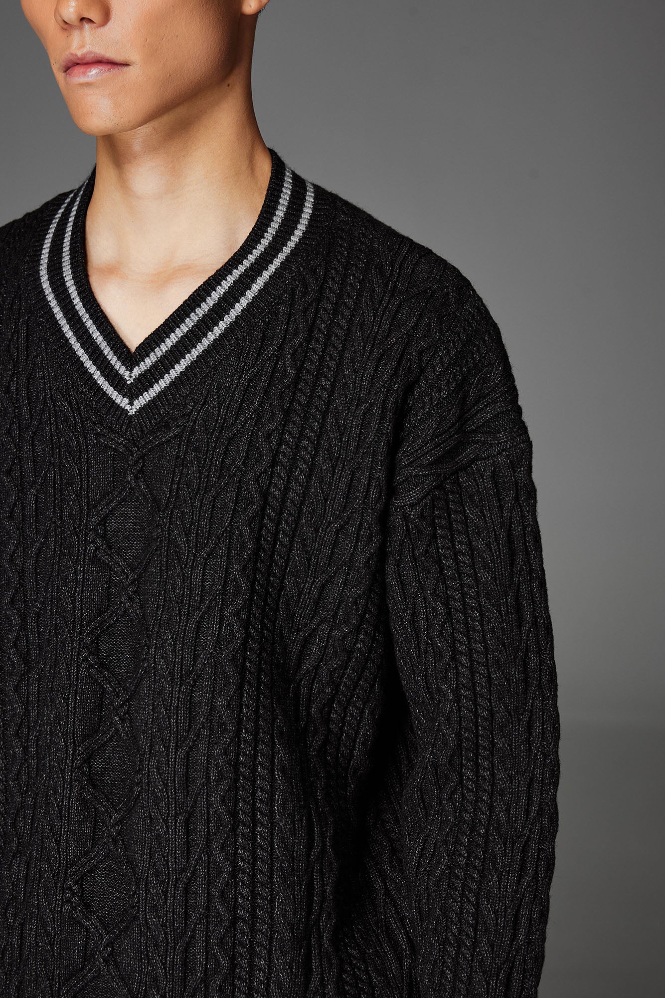 CATSSTAC Varsity V-Neck Cable-Knit Sweater