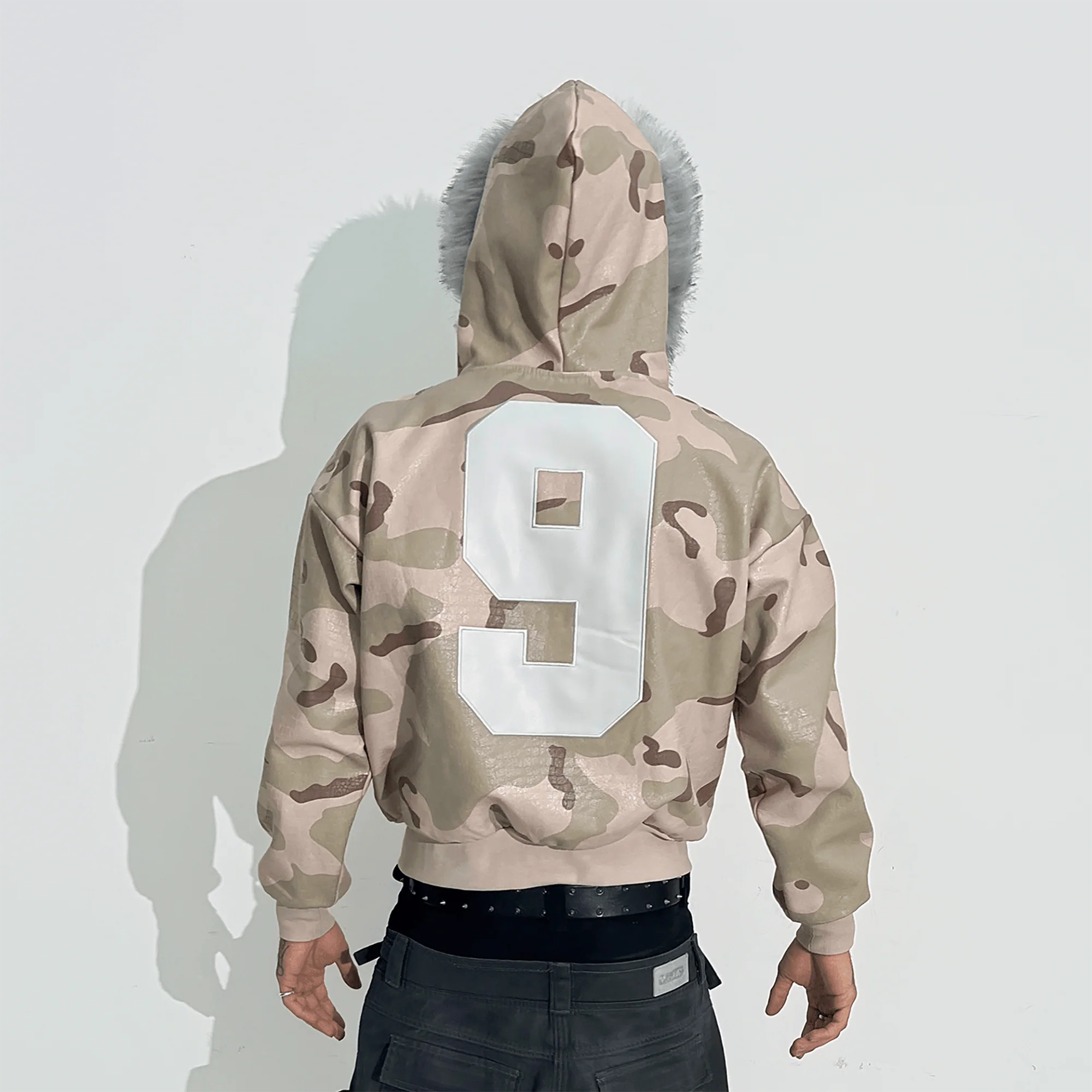 TECNINEGROUP Camo Waxed Faux Fur Hooded Jacket