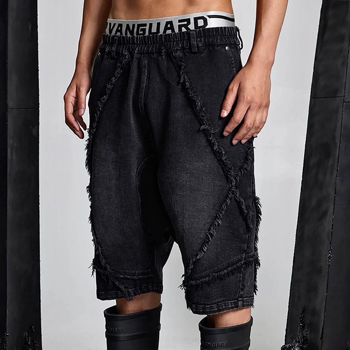 SSIN7 Washed Frayed Spliced Denim Shorts